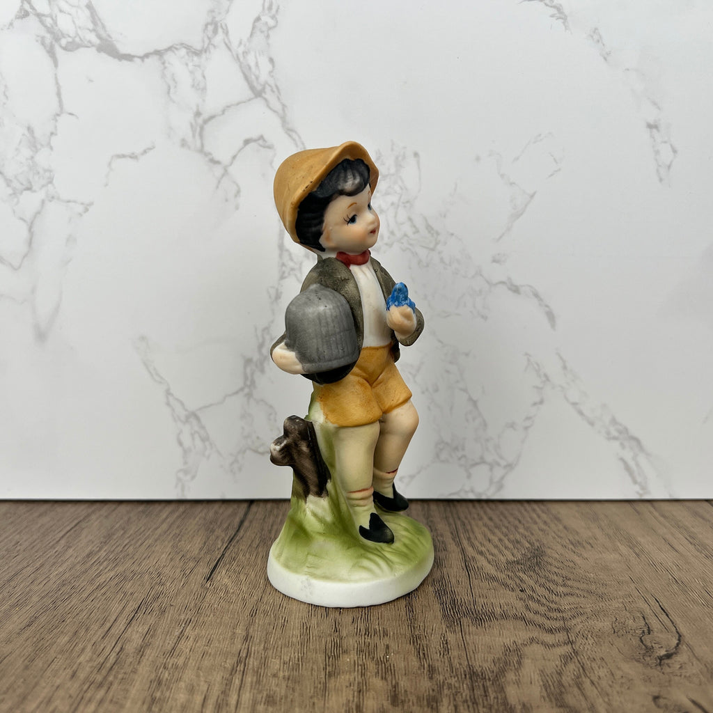 Hummel Style Boy with Bluebird and Cage, Vintage Porcelain Figurine