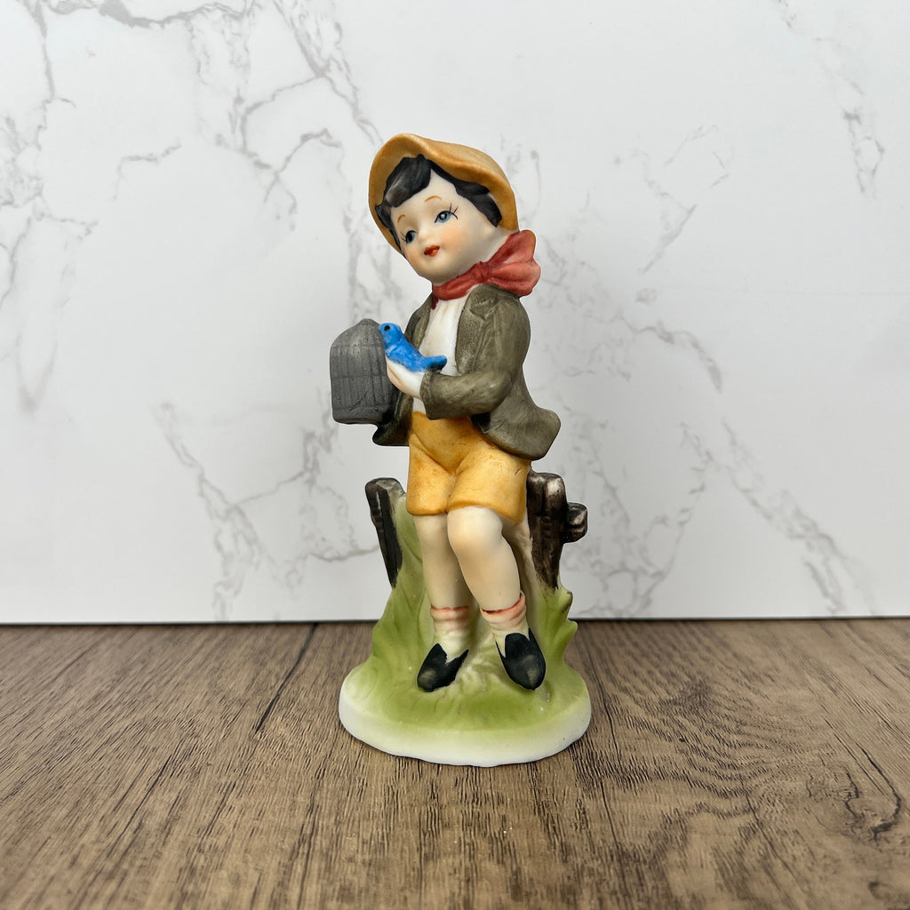 Hummel Style Boy with Bluebird and Cage, Vintage Porcelain Figurine