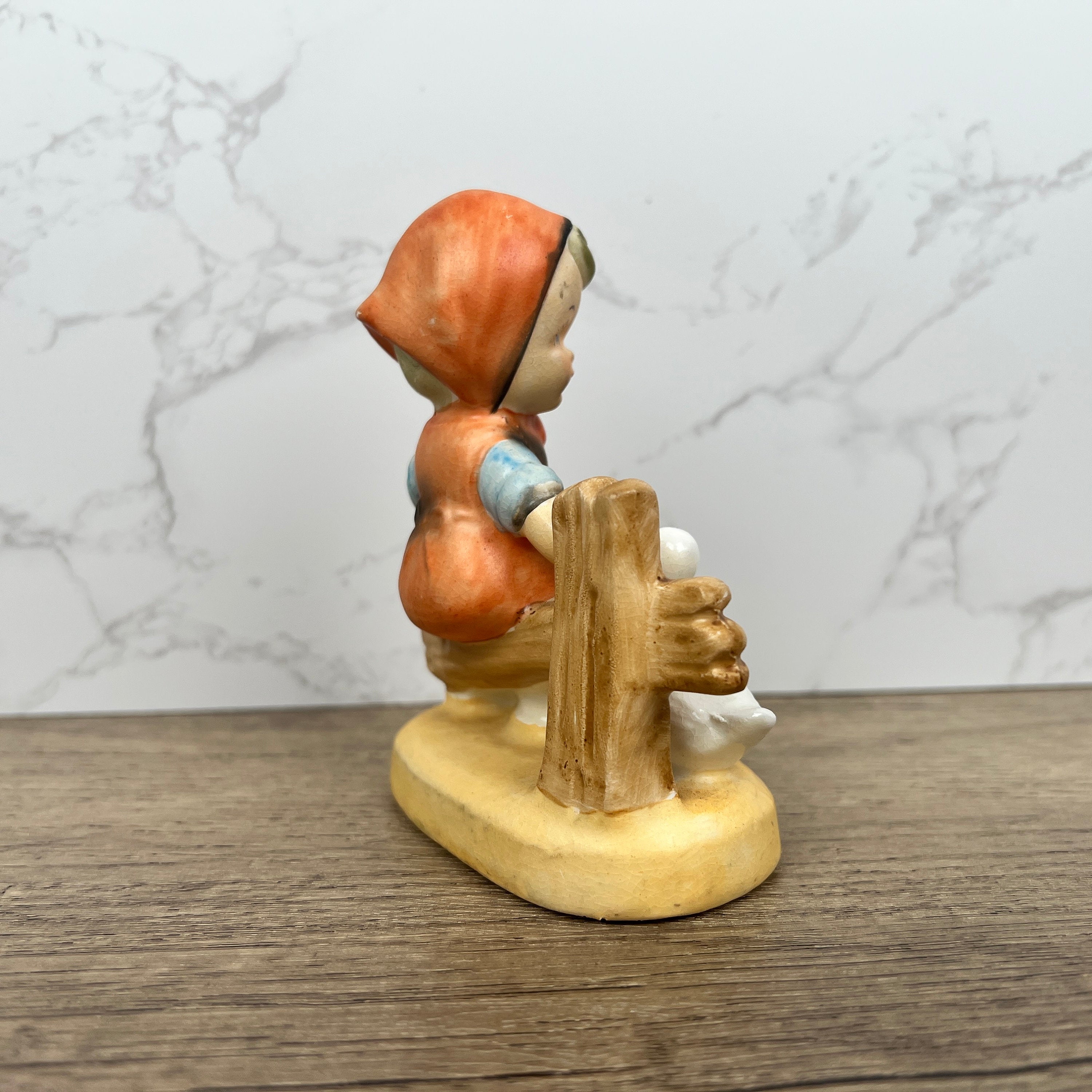 Hummel Style Girl Feeding Duck Figurine, Hand Painted Porcelain Decor