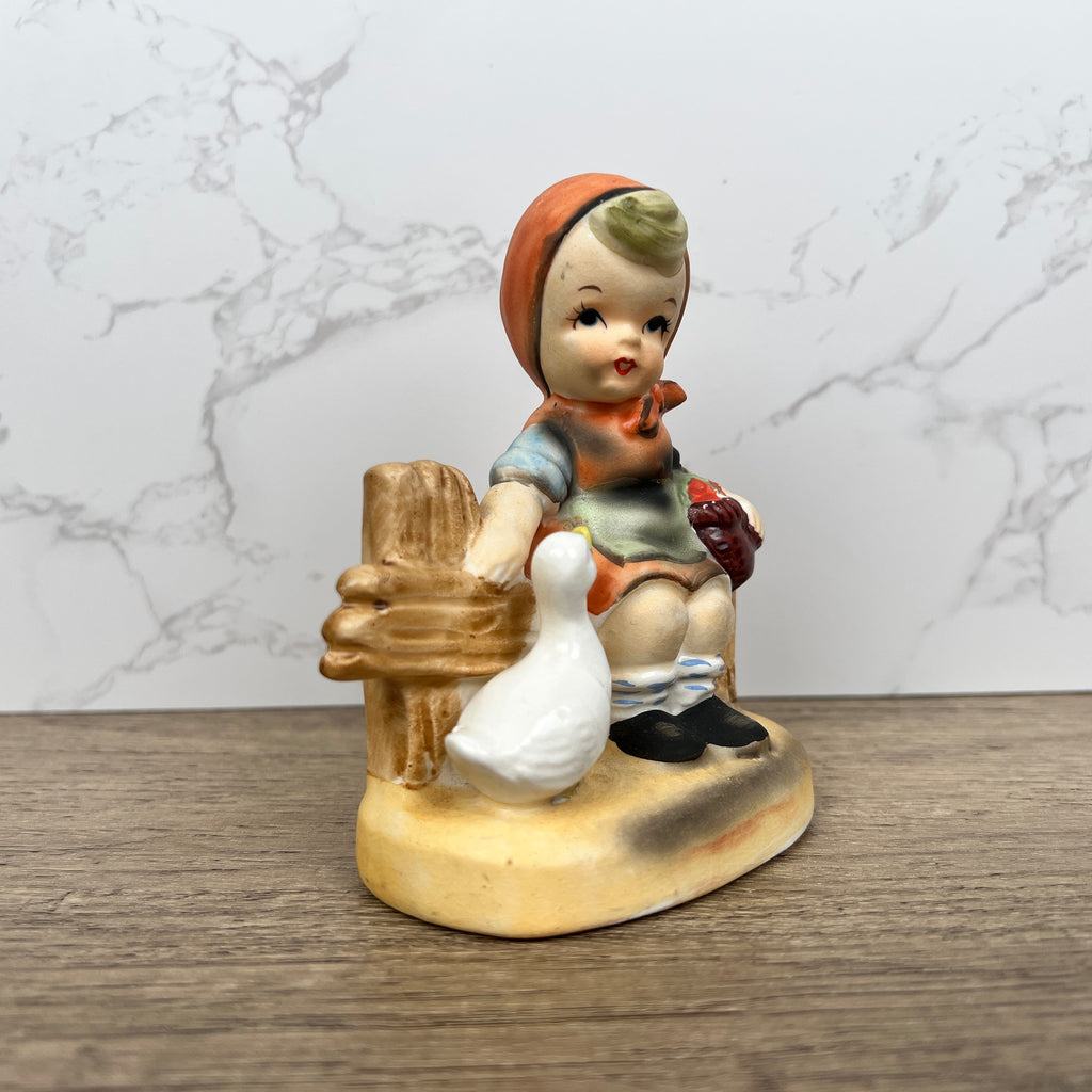 Hummel Style Girl Feeding Duck Figurine, Hand Painted Porcelain Decor