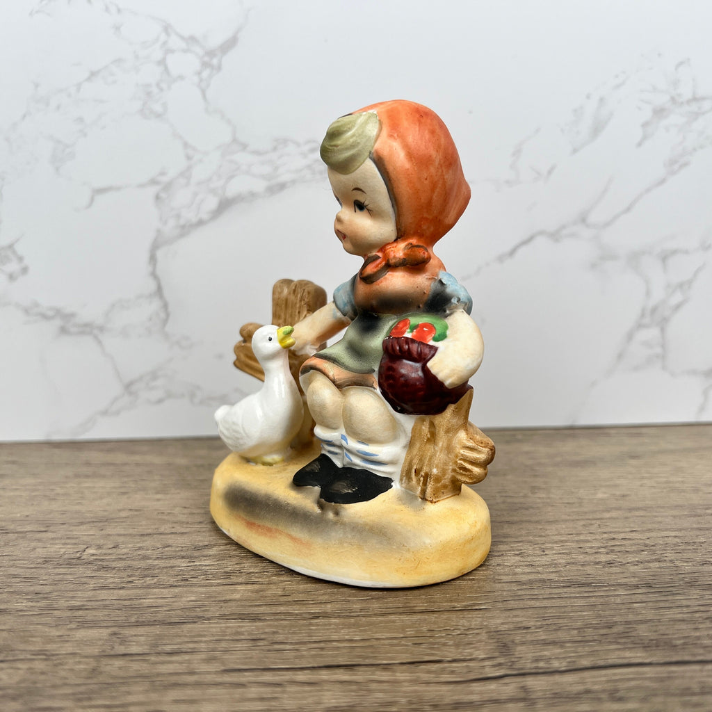 Hummel Style Girl Feeding Duck Figurine, Hand Painted Porcelain Decor
