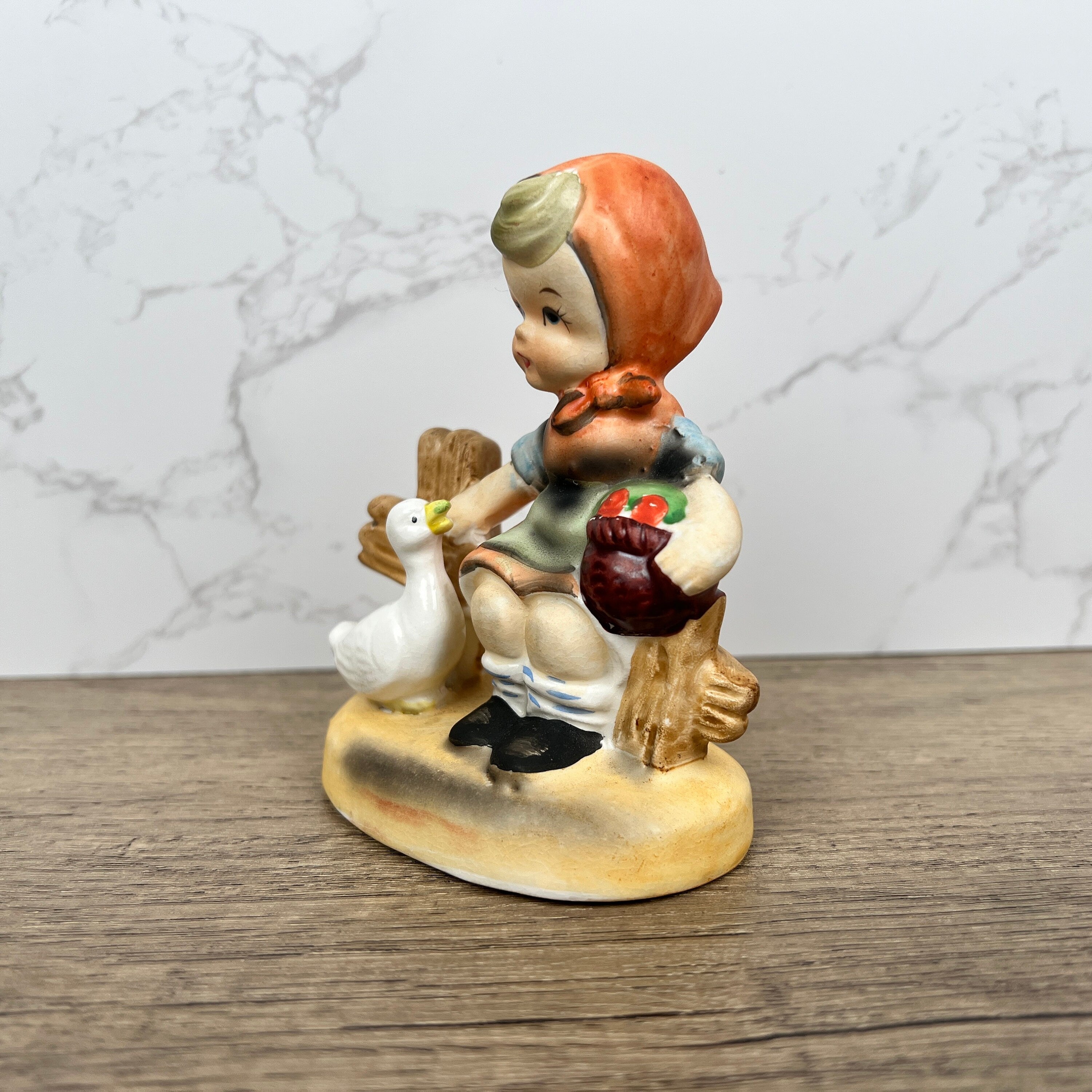 Hummel Style Girl Feeding Duck Figurine, Hand Painted Porcelain Decor