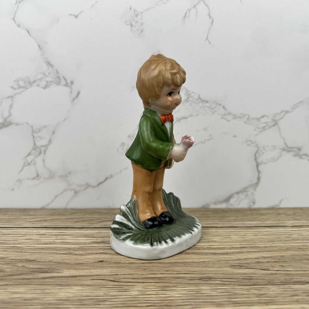 Alfretto Porcelain Boy Figurine with Flower, Handmade Crown Stamp