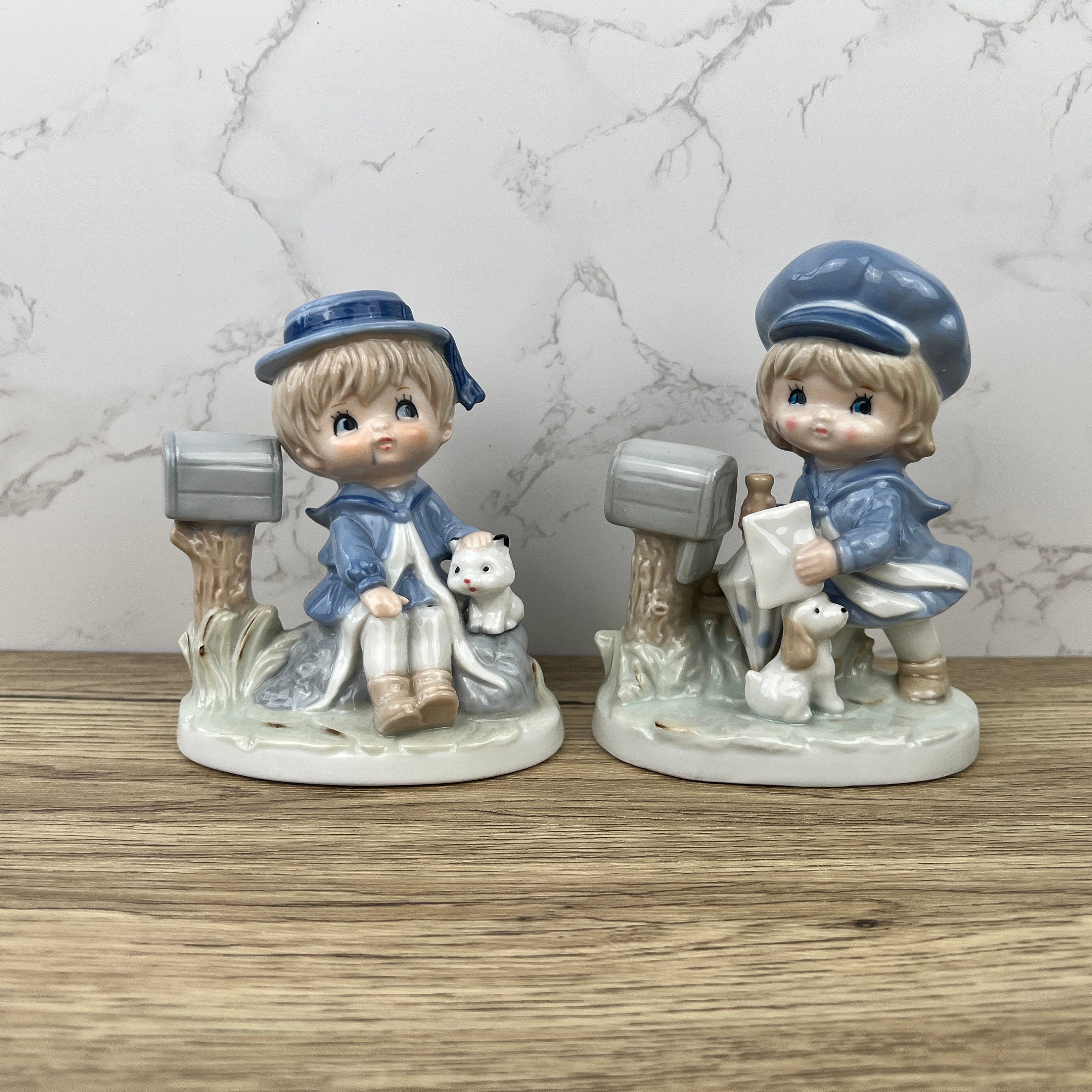 Vintage Porcelain Figurines, Made in Japan, Boy and Girl with Pets