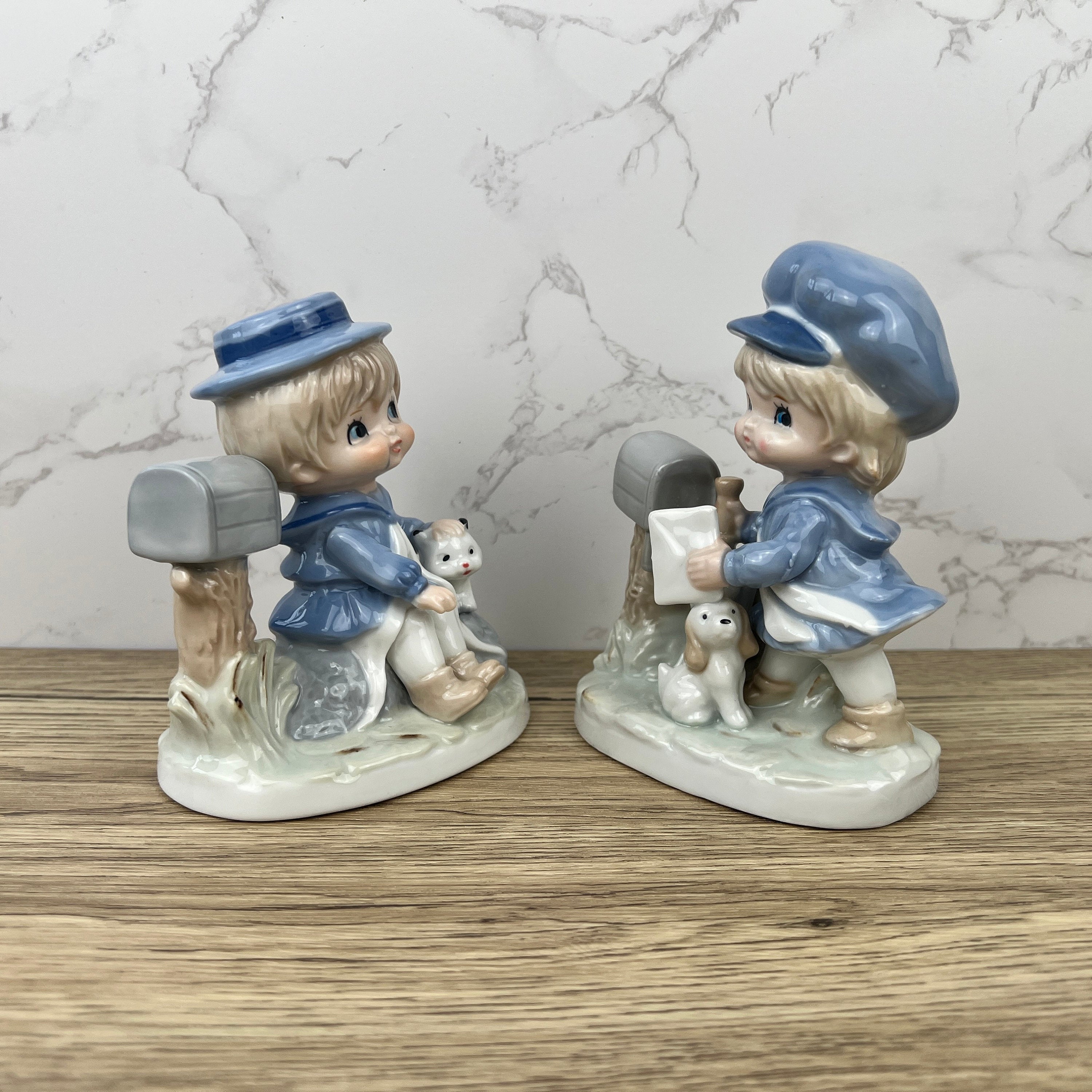 Vintage Porcelain Figurines, Made in Japan, Boy and Girl with Pets
