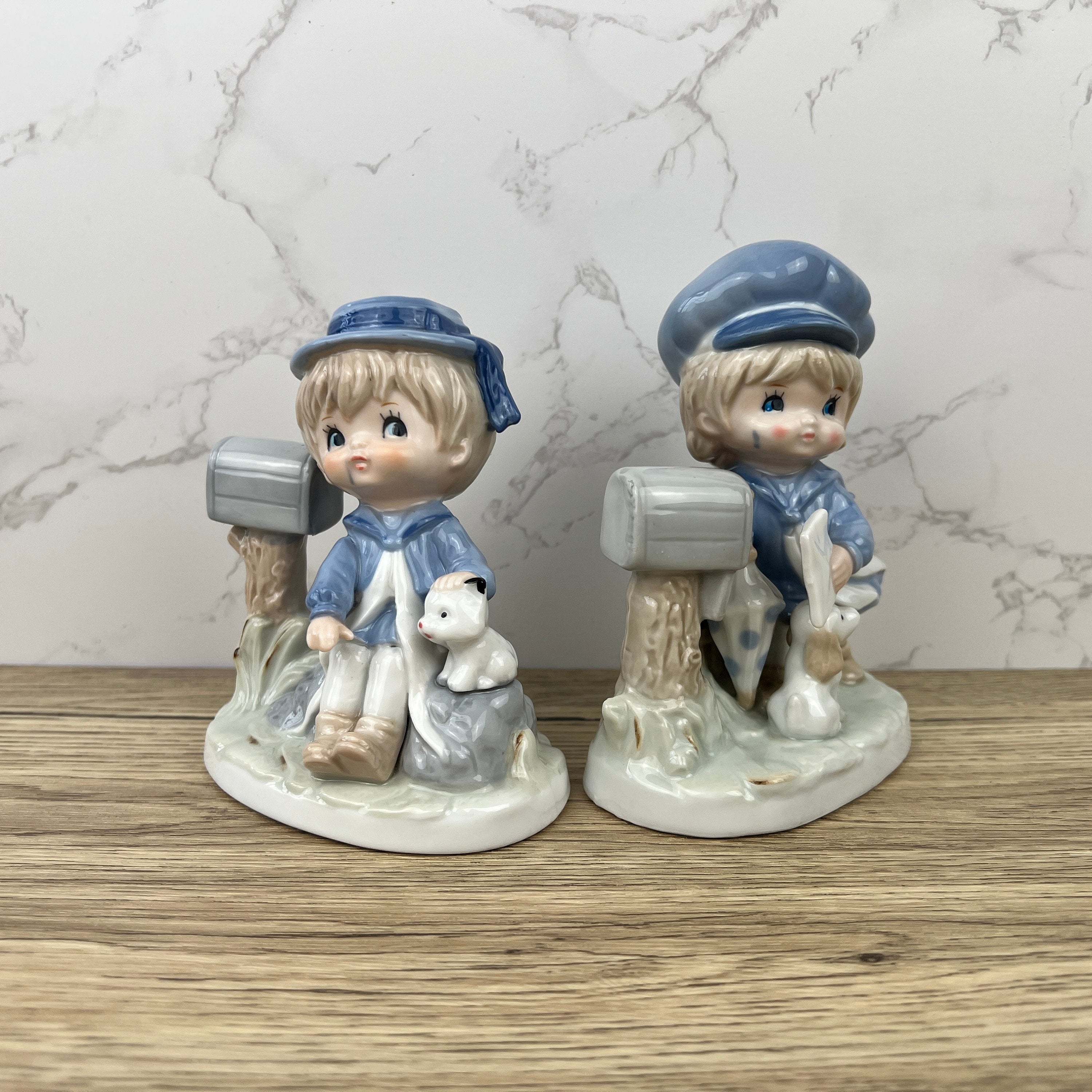 Vintage Porcelain Figurines, Made in Japan, Boy and Girl with Pets