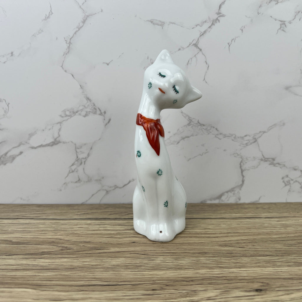 Vintage 1950s Kitsch Porcelain Cat Figurine, Red Bow Decor