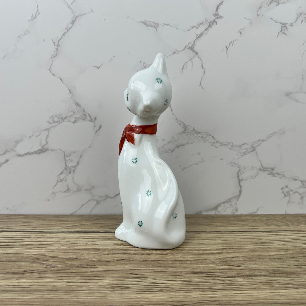 Vintage 1950s Kitsch Porcelain Cat Figurine, Red Bow Decor