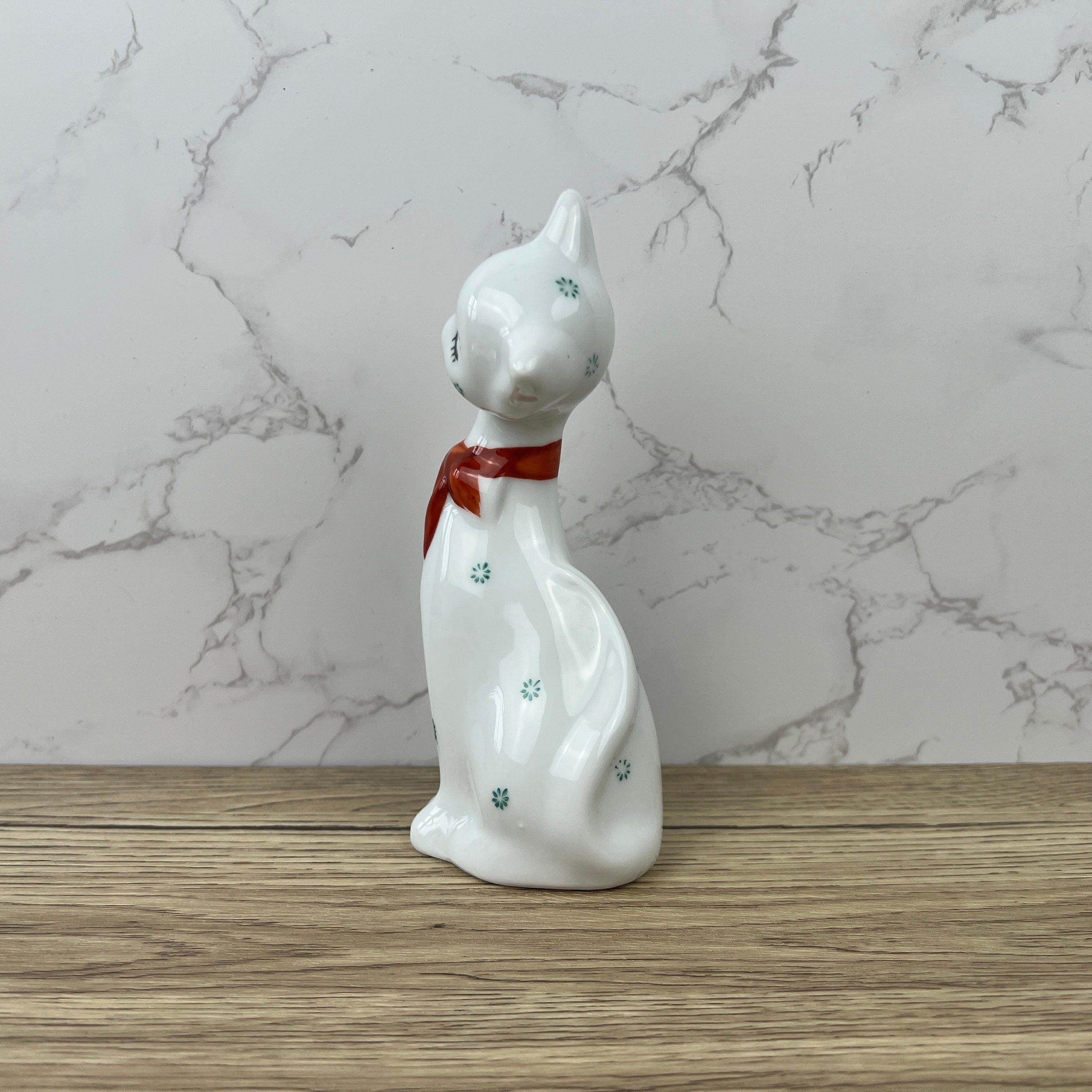 Vintage 1950s Kitsch Porcelain Cat Figurine, Red Bow Decor