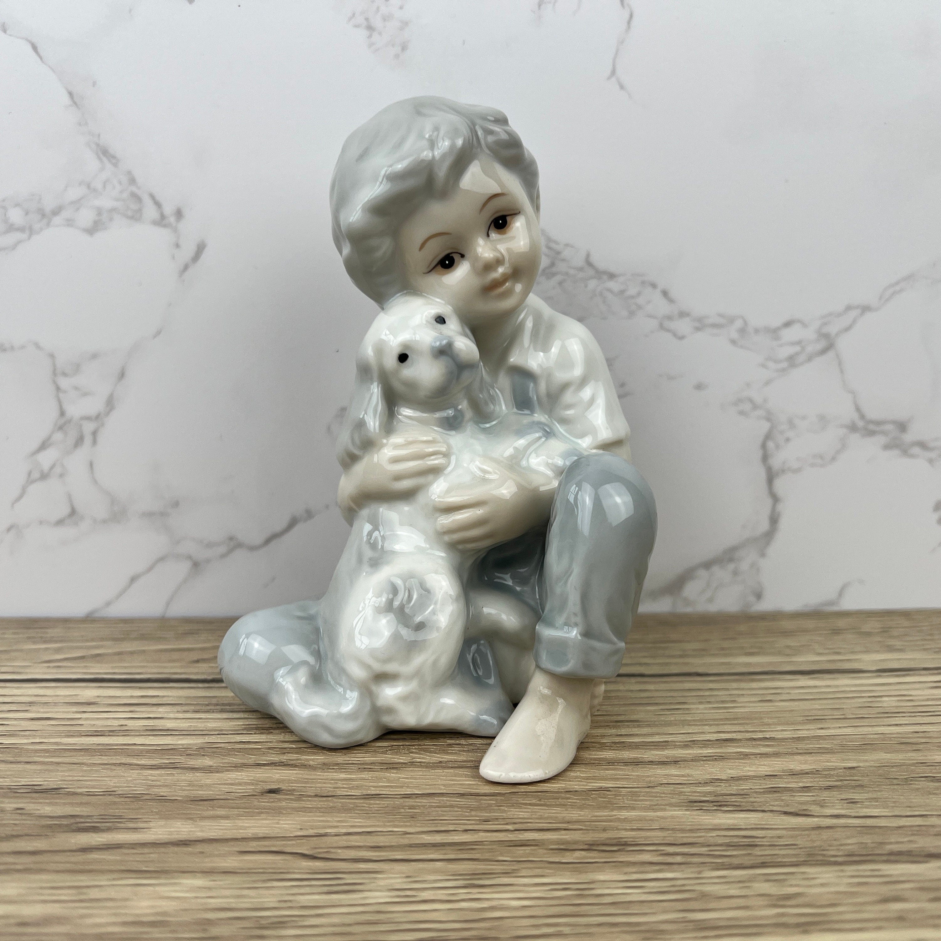 Vintage Porcelain Boy and Dog Figurine, Japan, Bone China