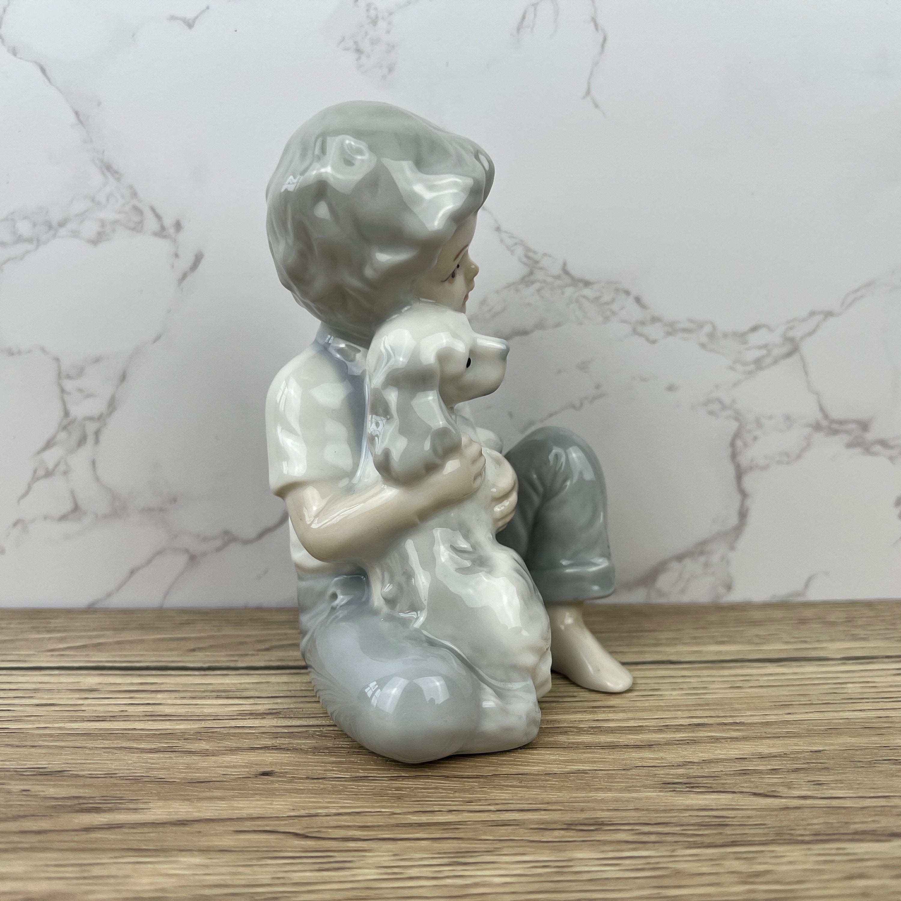 Vintage Porcelain Boy and Dog Figurine, Japan, Bone China