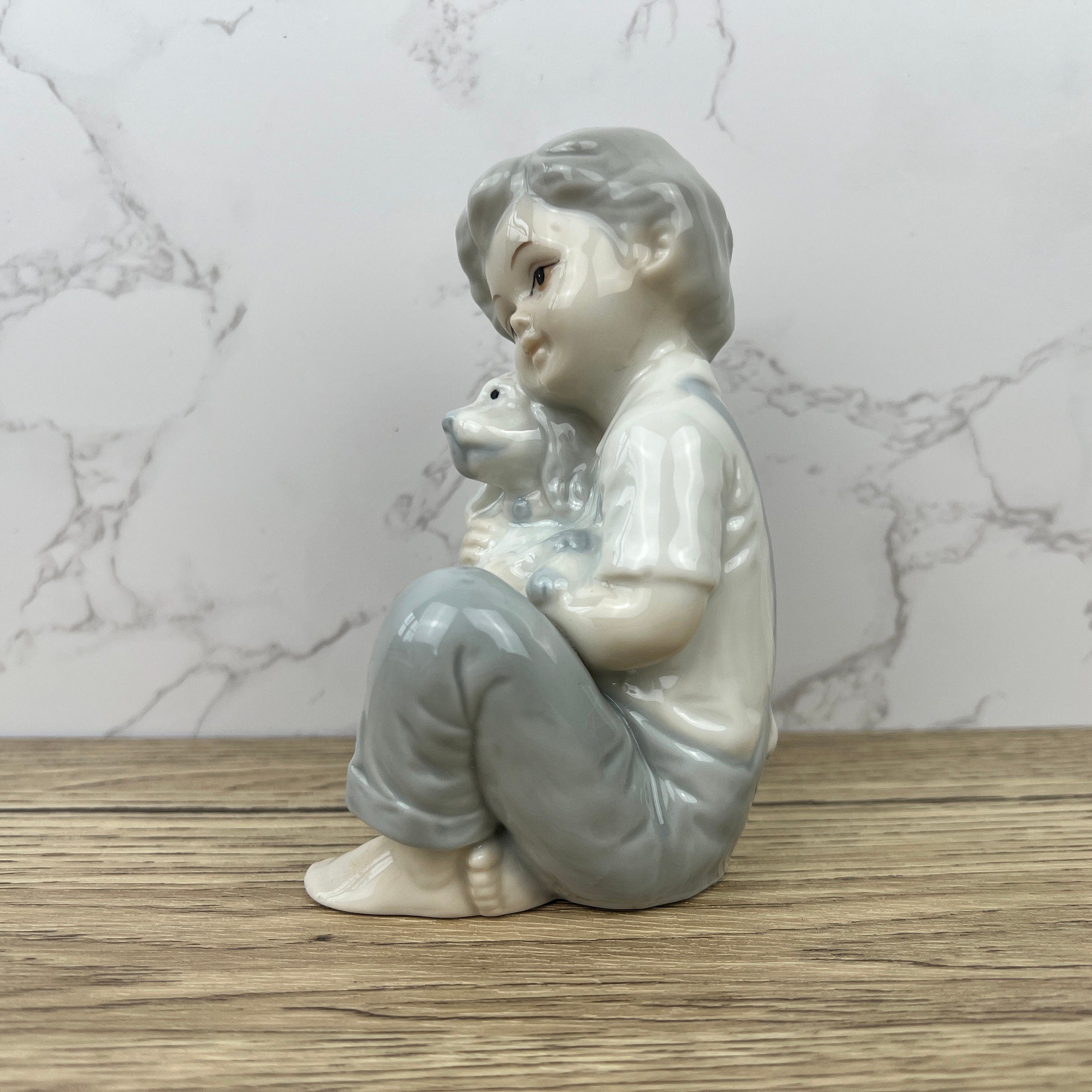 Vintage Porcelain Boy and Dog Figurine, Japan, Bone China