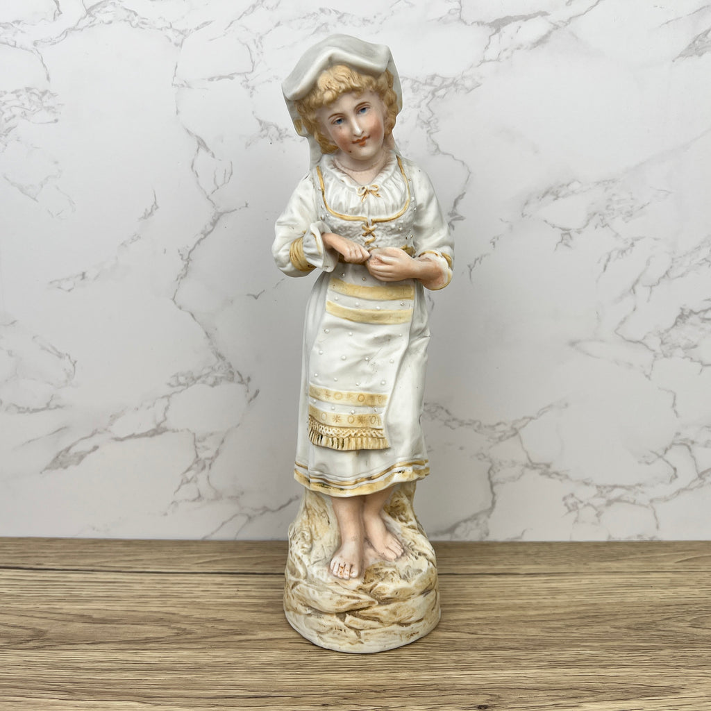 Antique Heubach Bisque Porcelain Peasant Lady Figurine, c1880s