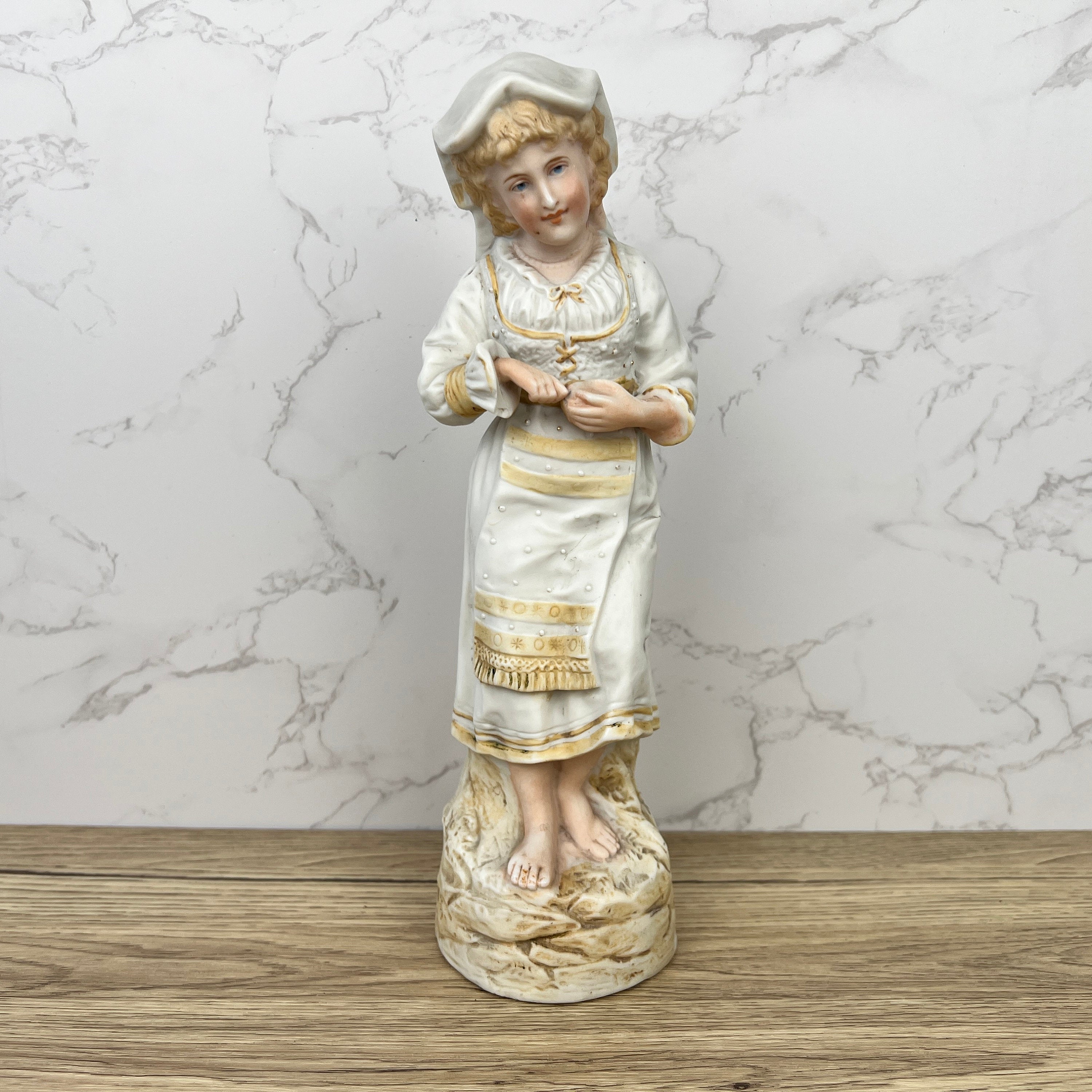 Antique Heubach Bisque Porcelain Peasant Lady Figurine, c1880s
