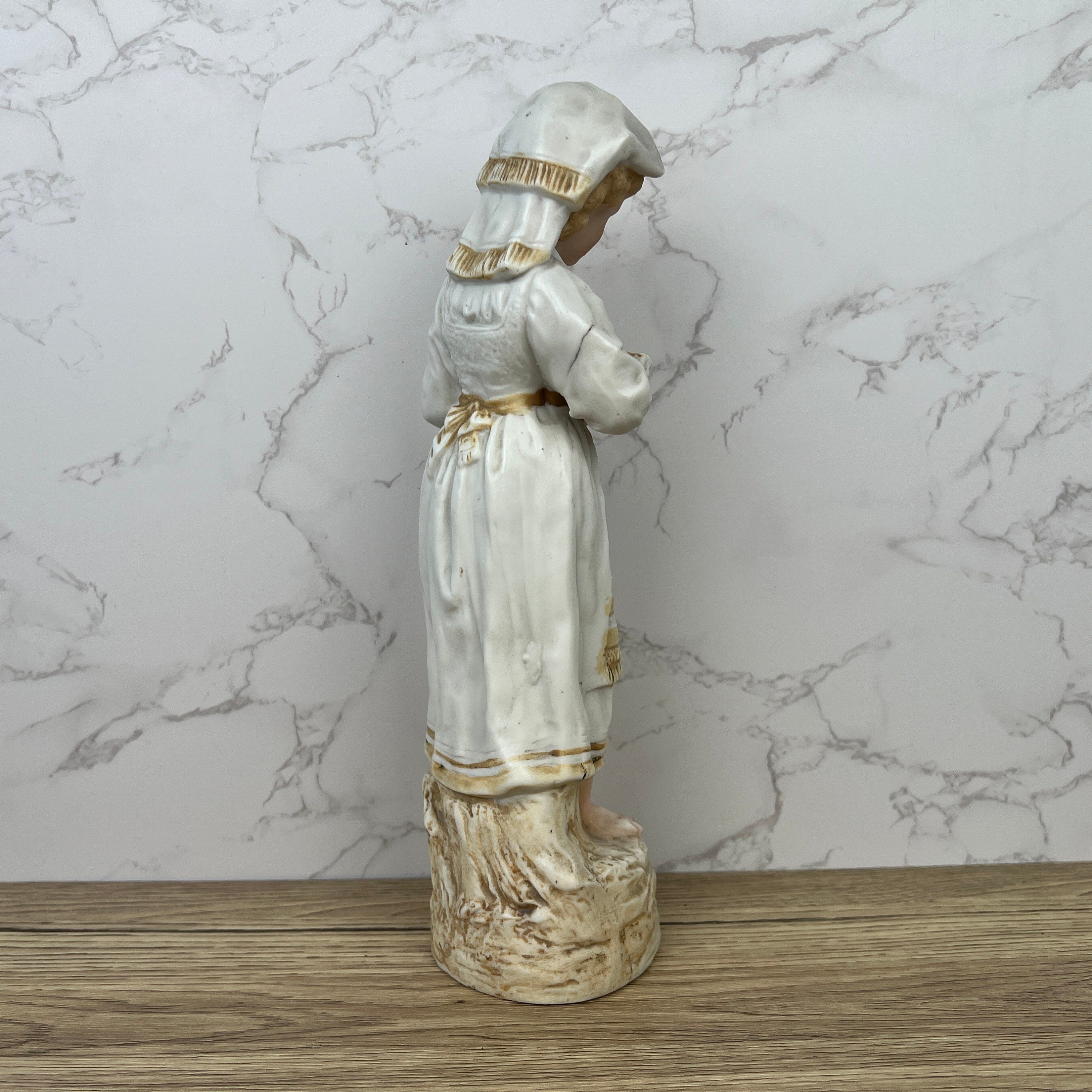 Antique Heubach Bisque Porcelain Peasant Lady Figurine, c1880s