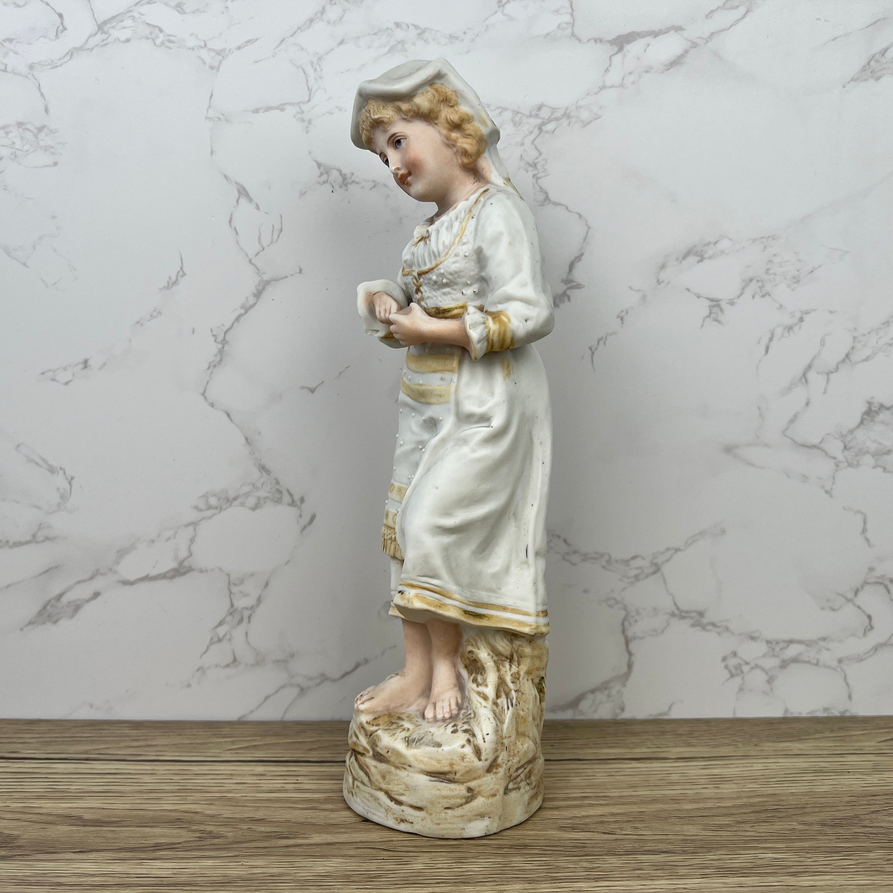 Antique Heubach Bisque Porcelain Peasant Lady Figurine, c1880s