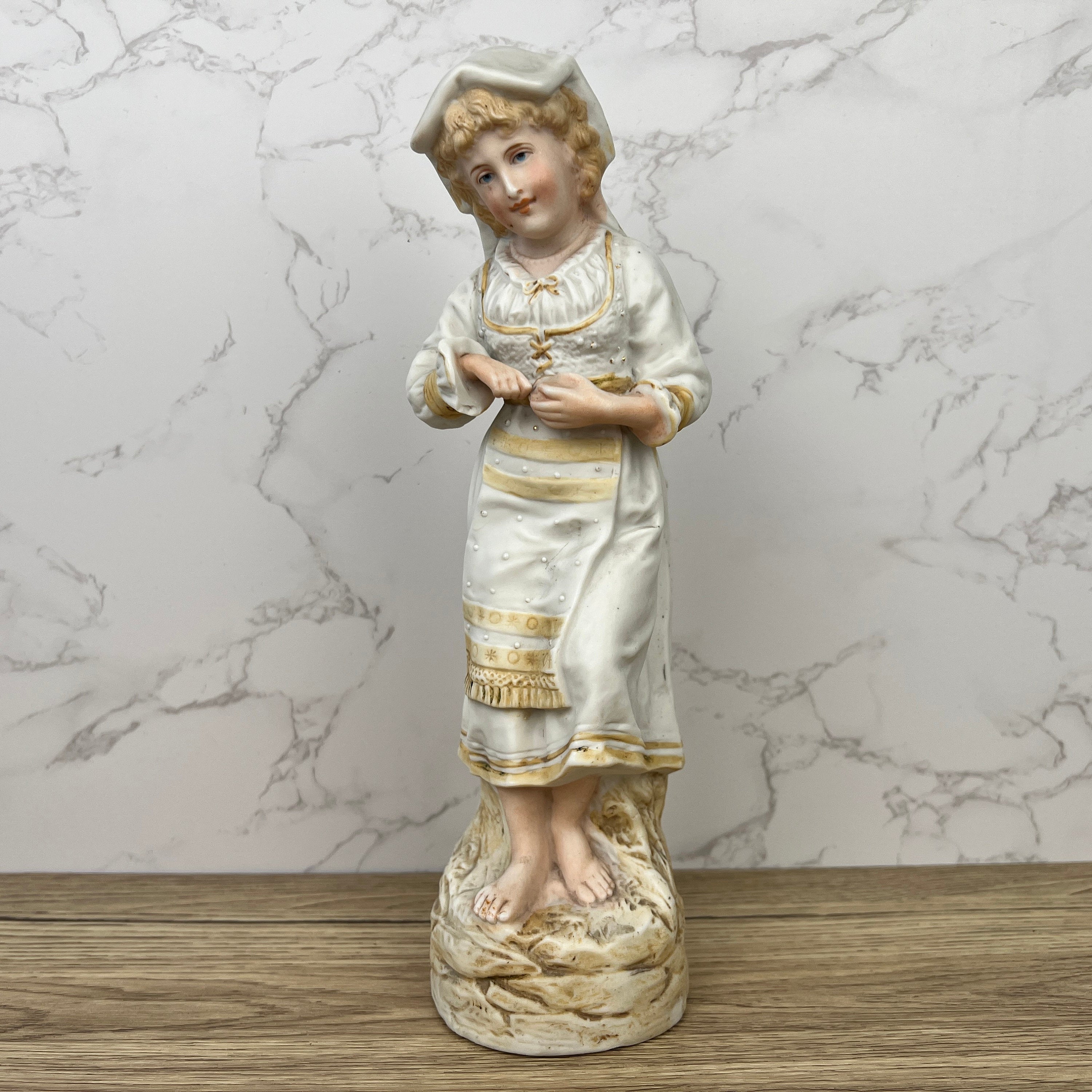 Antique Heubach Bisque Porcelain Peasant Lady Figurine, c1880s