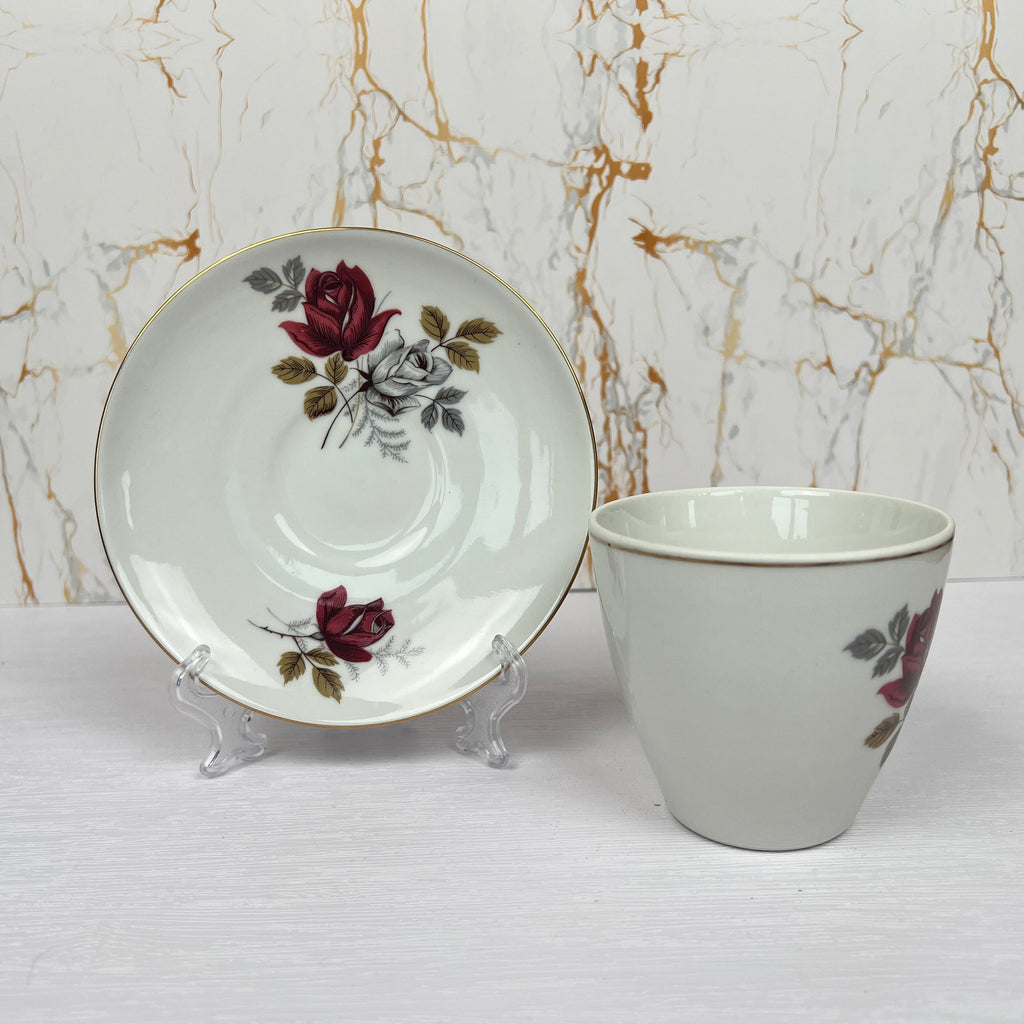 Vintage Bone China Tea Cup and Saucer, Red Rose Floral Pattern