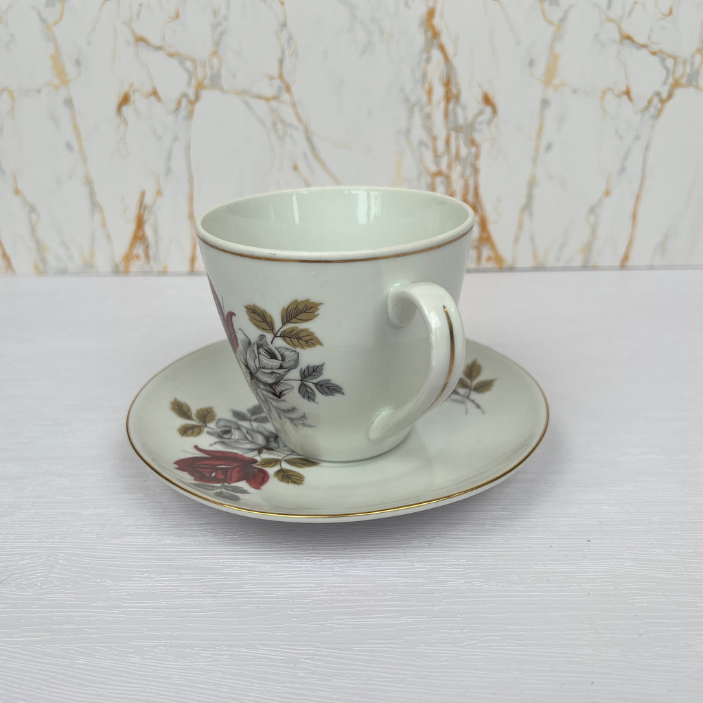 Vintage Bone China Tea Cup and Saucer, Red Rose Floral Pattern