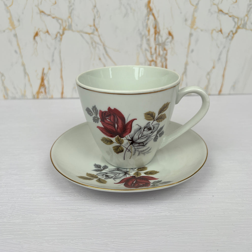 Vintage Bone China Tea Cup and Saucer, Red Rose Floral Pattern