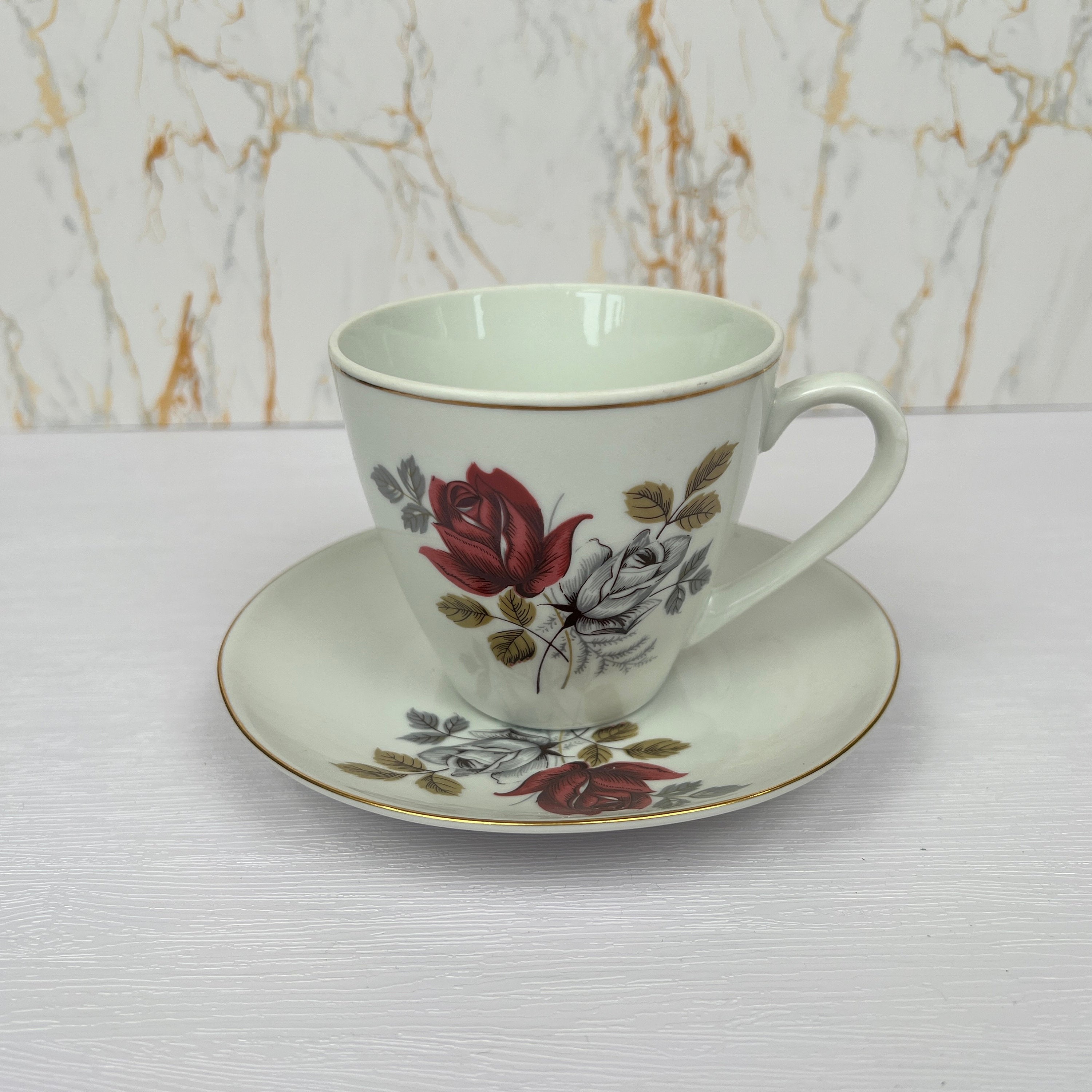 Vintage Bone China Tea Cup and Saucer, Red Rose Floral Pattern