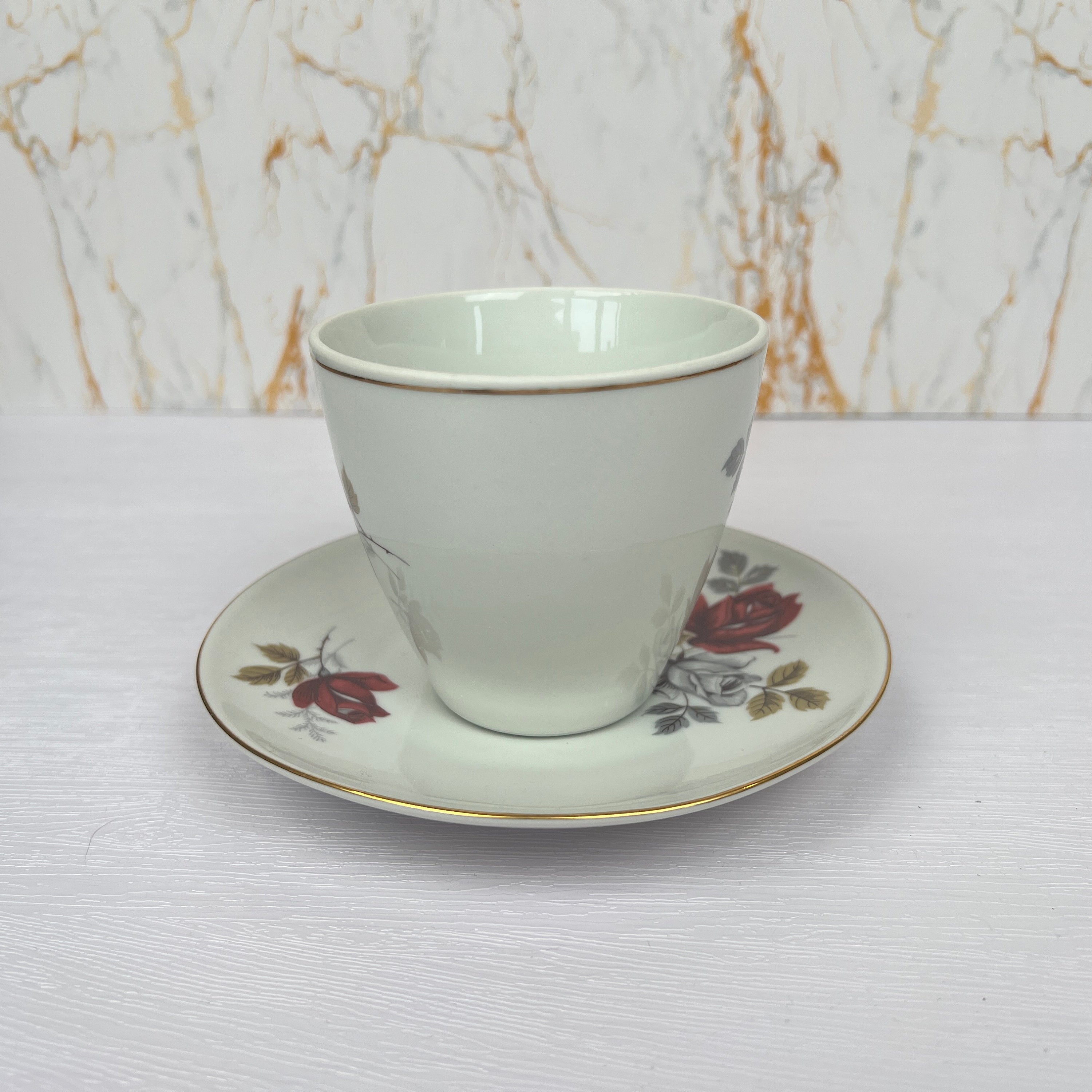 Vintage Bone China Tea Cup and Saucer, Red Rose Floral Pattern