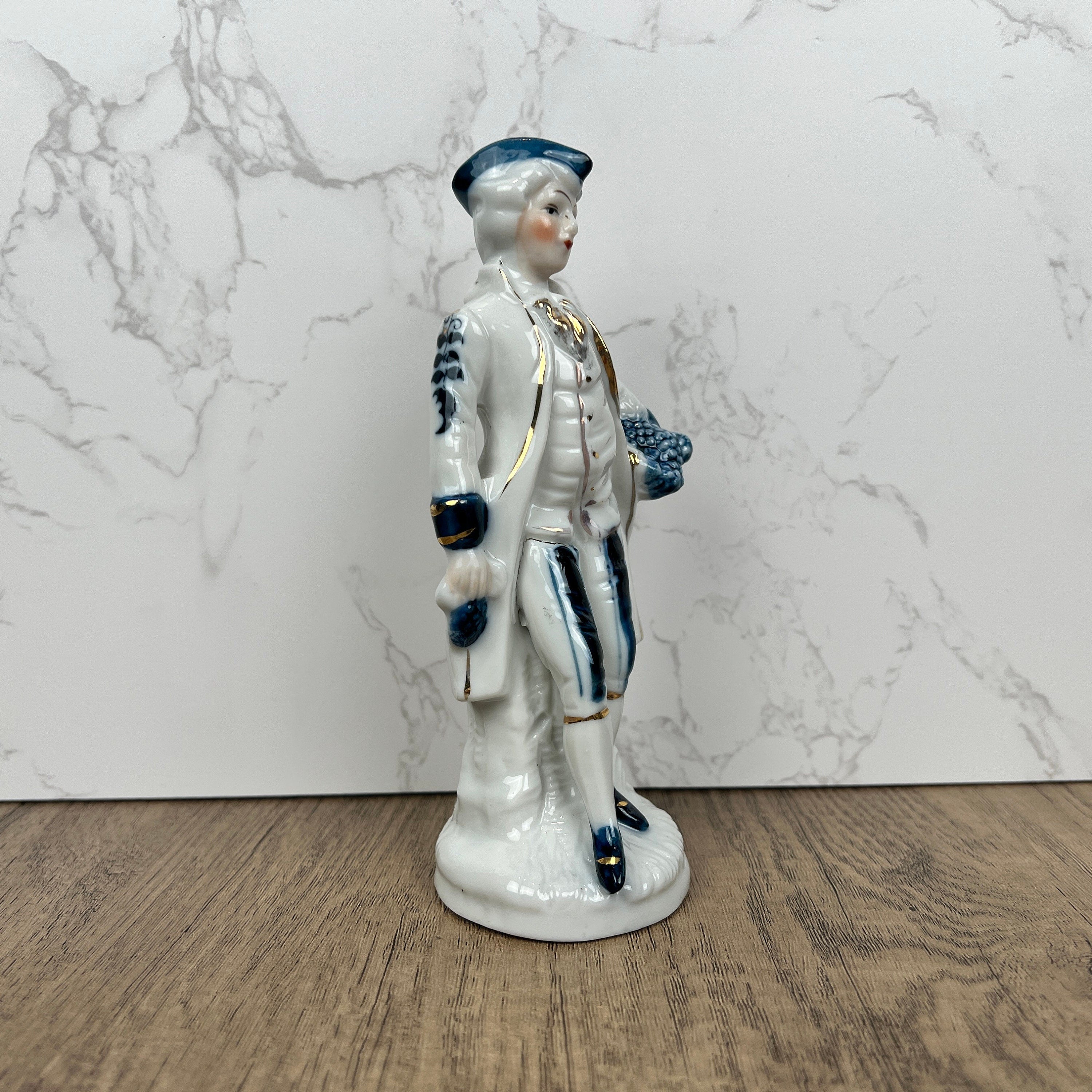 Vintage Victorian Style Porcelain Figurine, Man with Grapes, Collector's Ornament