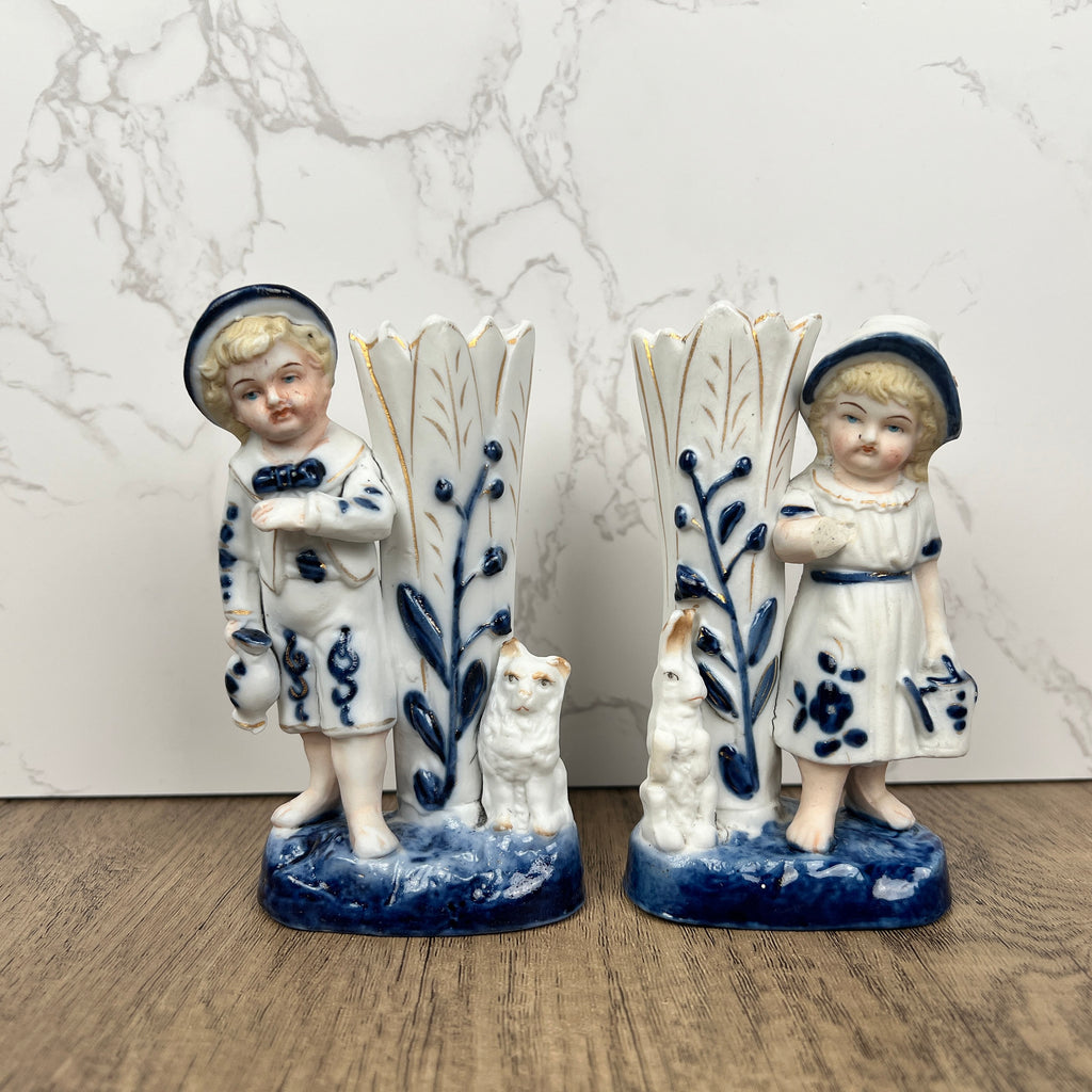 Vintage Porcelain Figurine Vase Pair, Boy and Girl with Animals