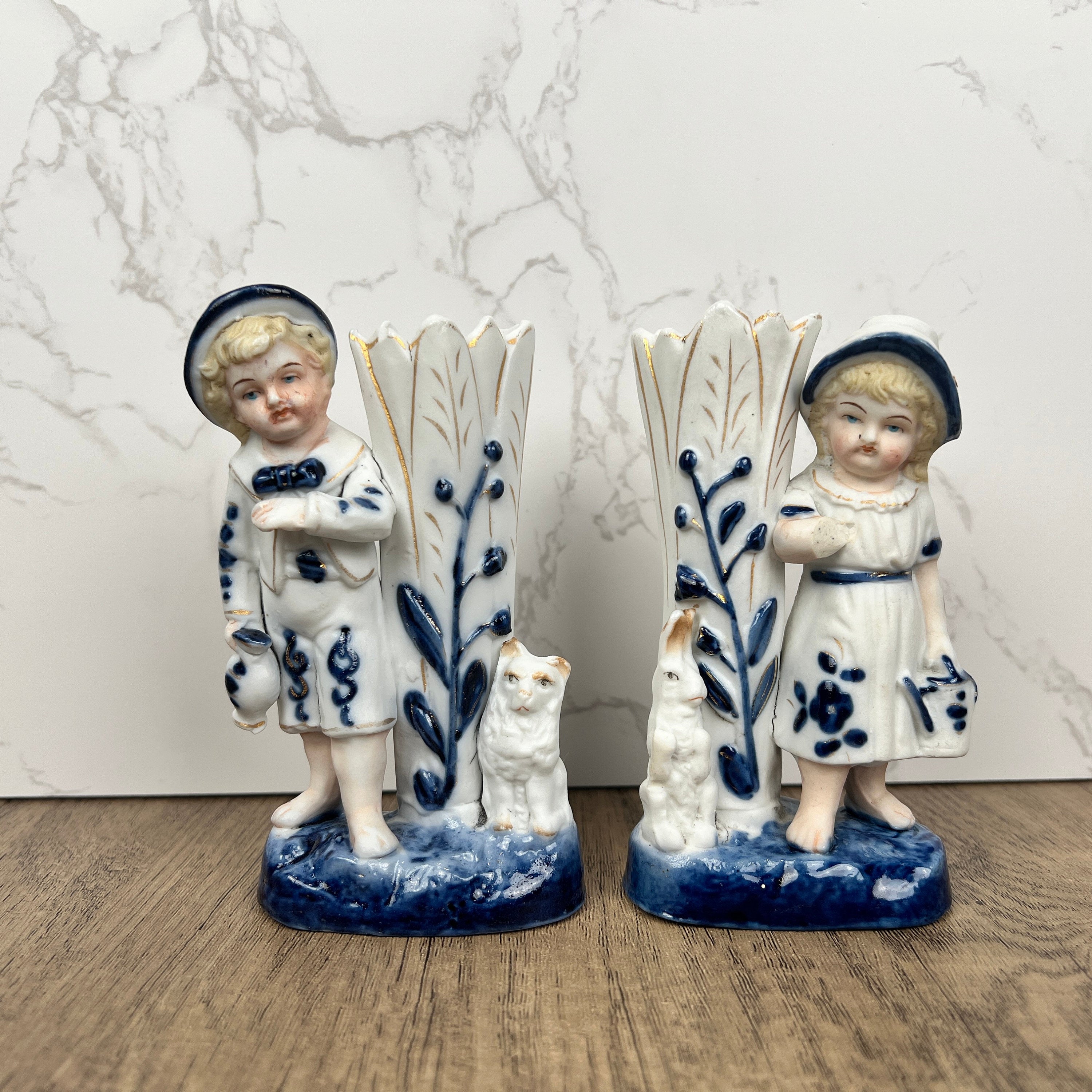 Vintage Porcelain Figurine Vase Pair, Boy and Girl with Animals