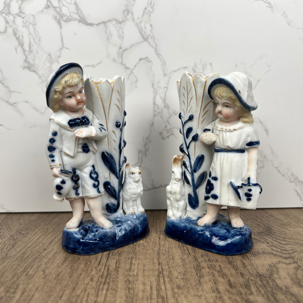 Vintage Porcelain Figurine Vase Pair, Boy and Girl with Animals