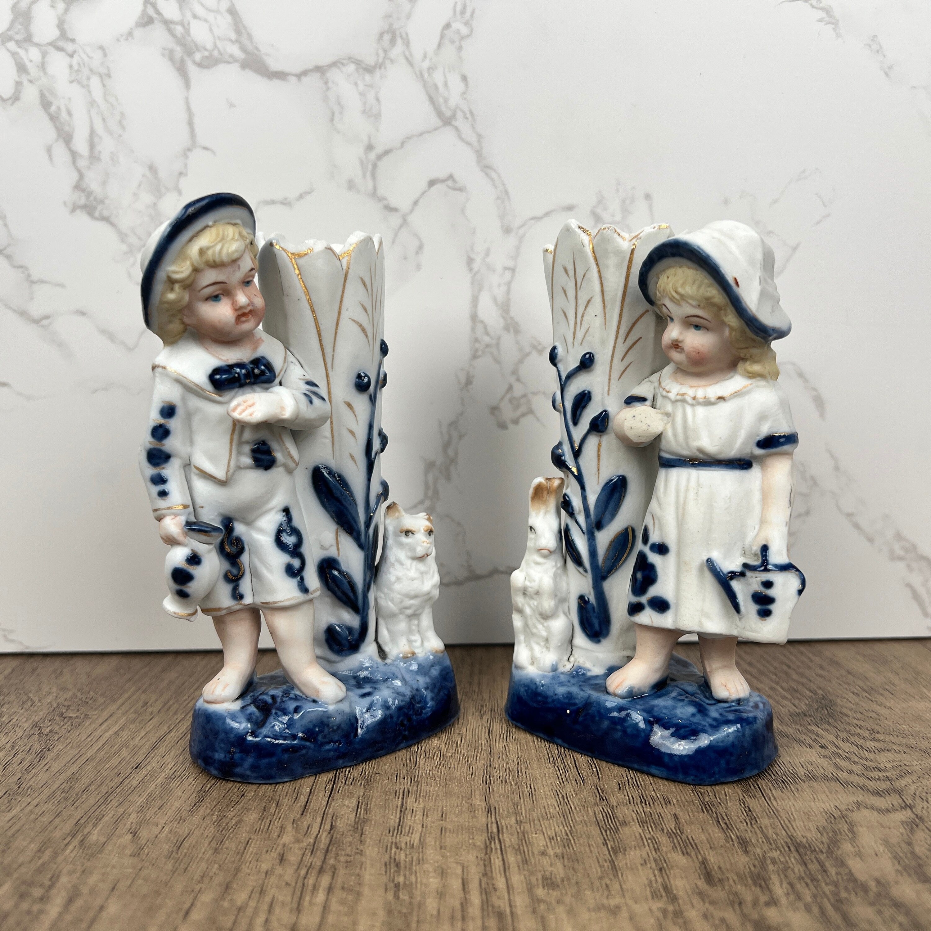 Vintage Porcelain Figurine Vase Pair, Boy and Girl with Animals