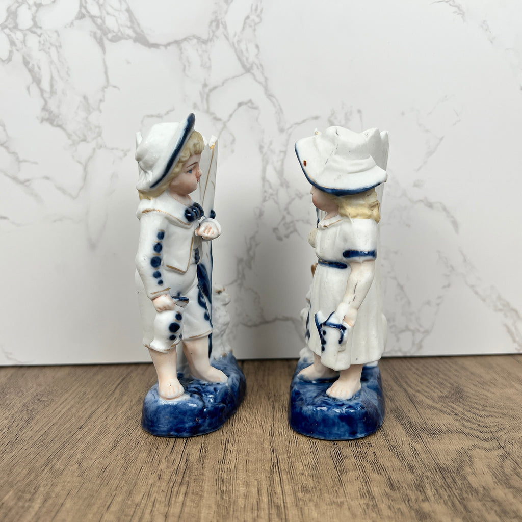 Vintage Porcelain Figurine Vase Pair, Boy and Girl with Animals