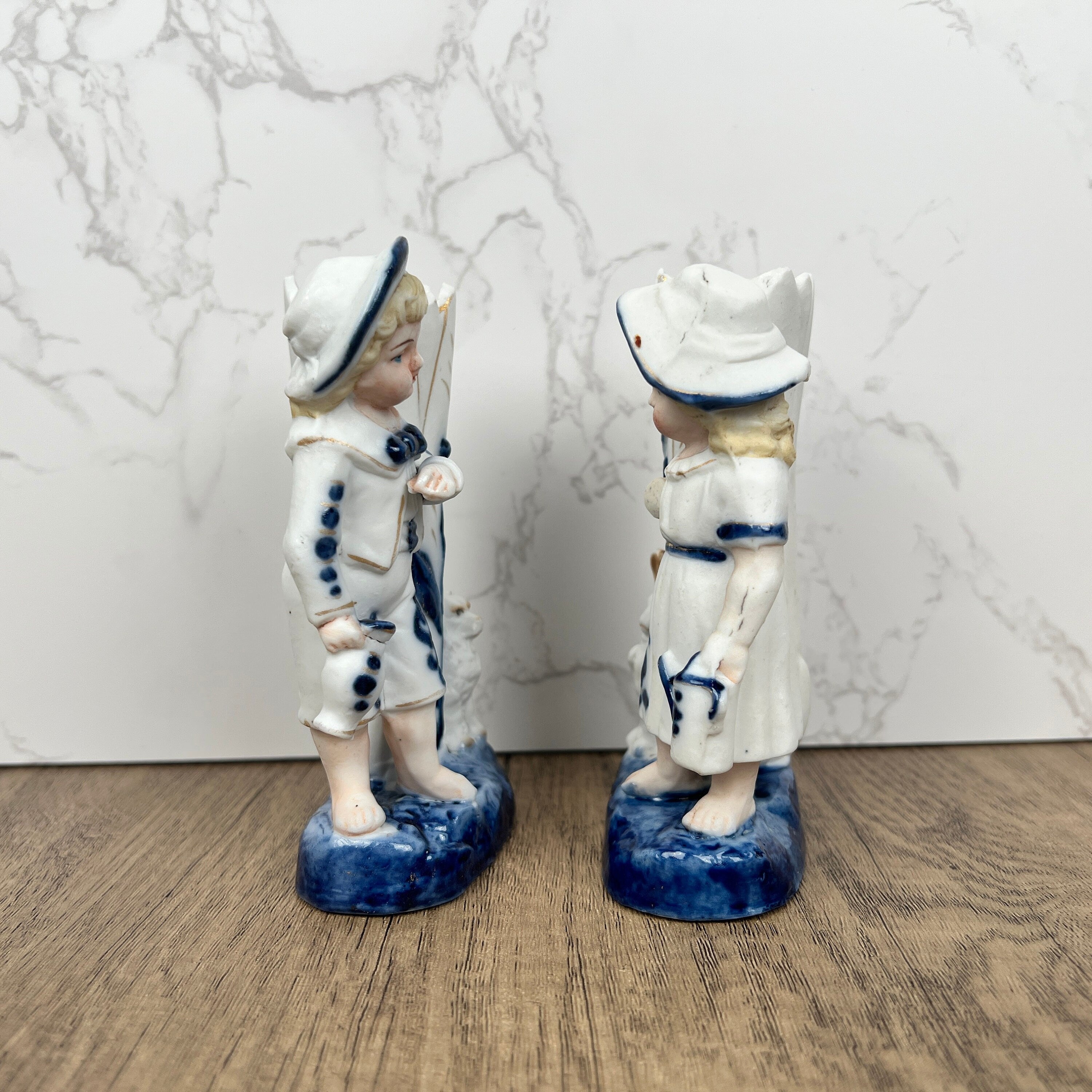 Vintage Porcelain Figurine Vase Pair, Boy and Girl with Animals