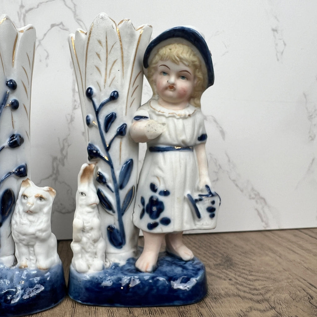 Vintage Porcelain Figurine Vase Pair, Boy and Girl with Animals