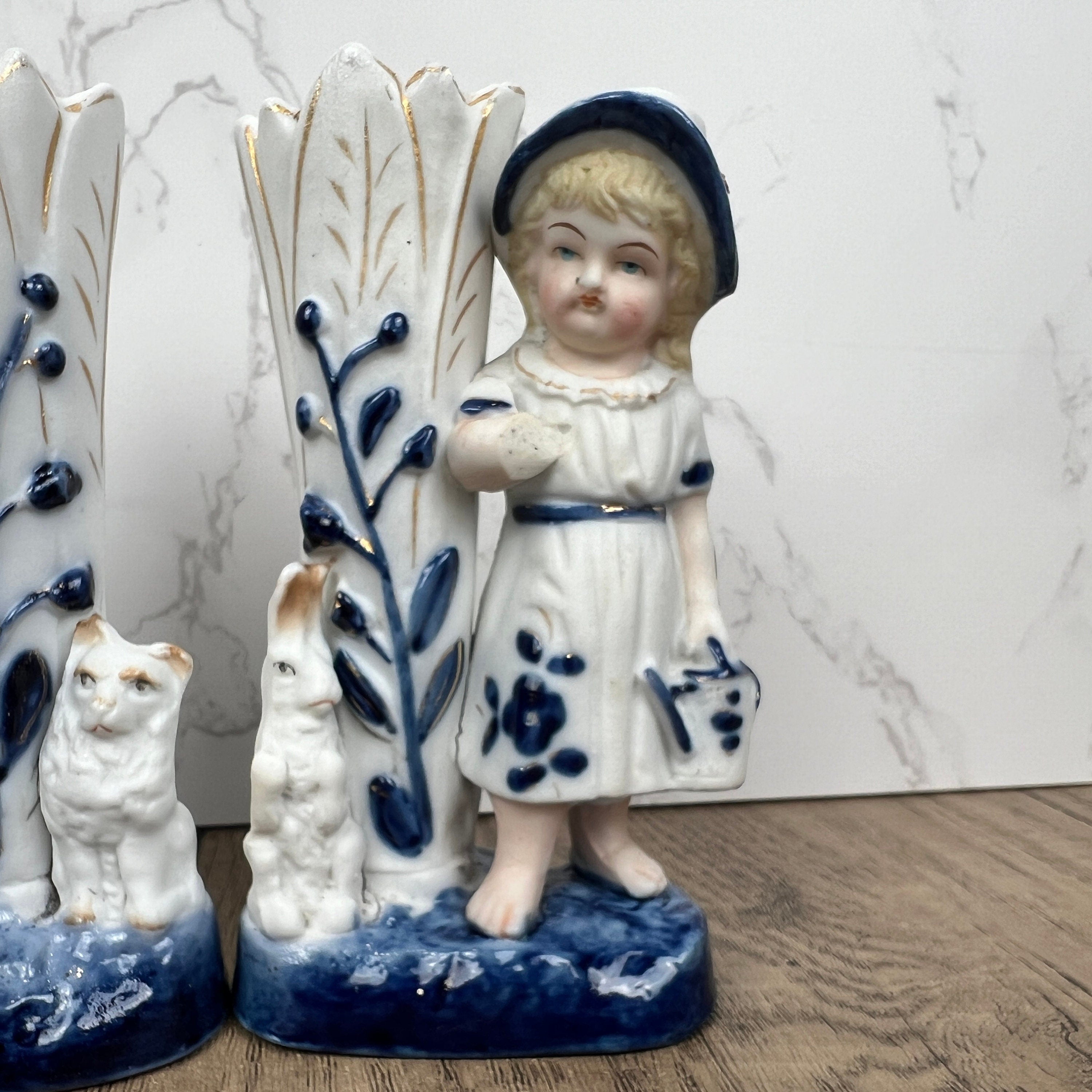 Vintage Porcelain Figurine Vase Pair, Boy and Girl with Animals