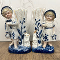 Vintage Porcelain Figurine Vase Pair, Boy and Girl with Animals