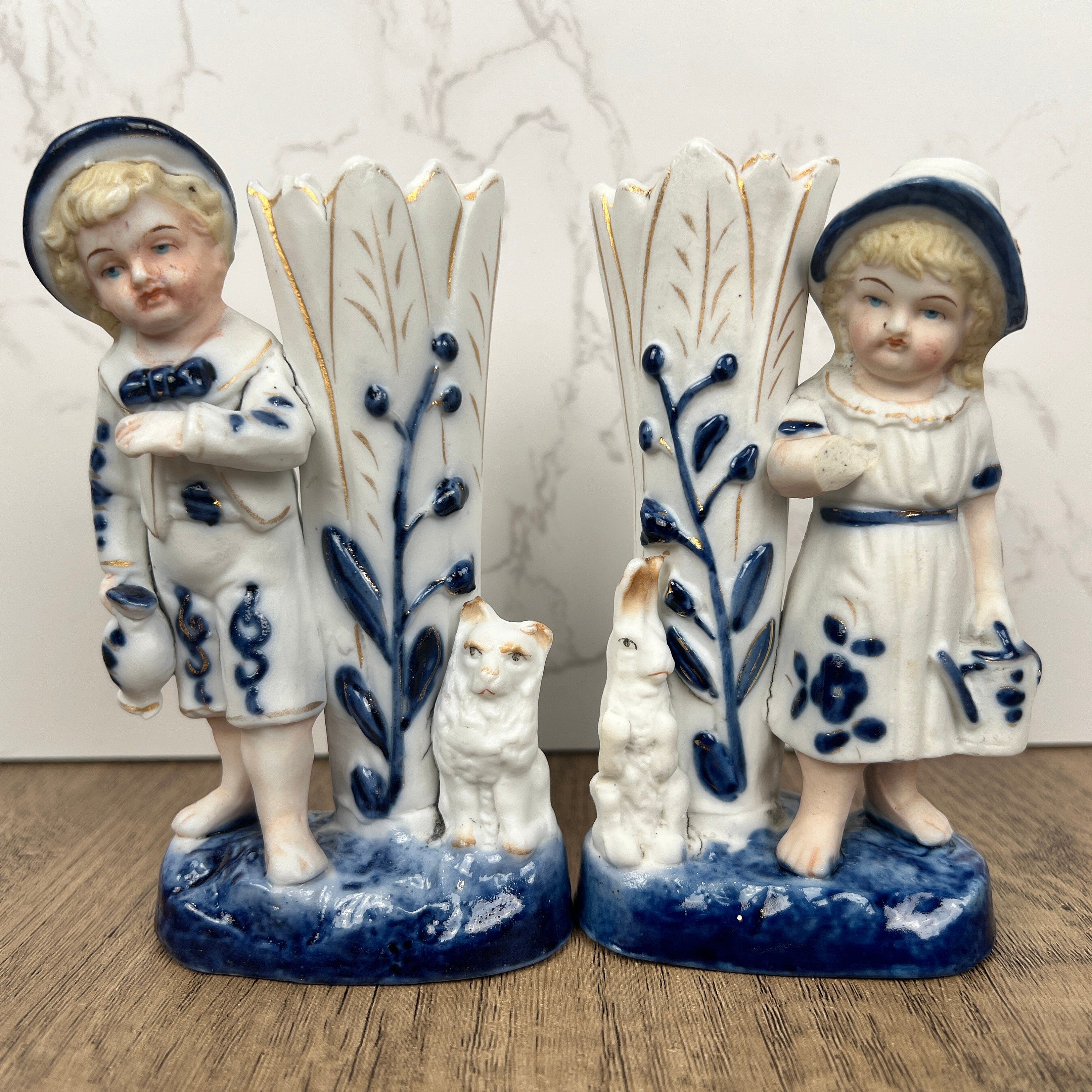 Vintage Porcelain Figurine Vase Pair, Boy and Girl with Animals