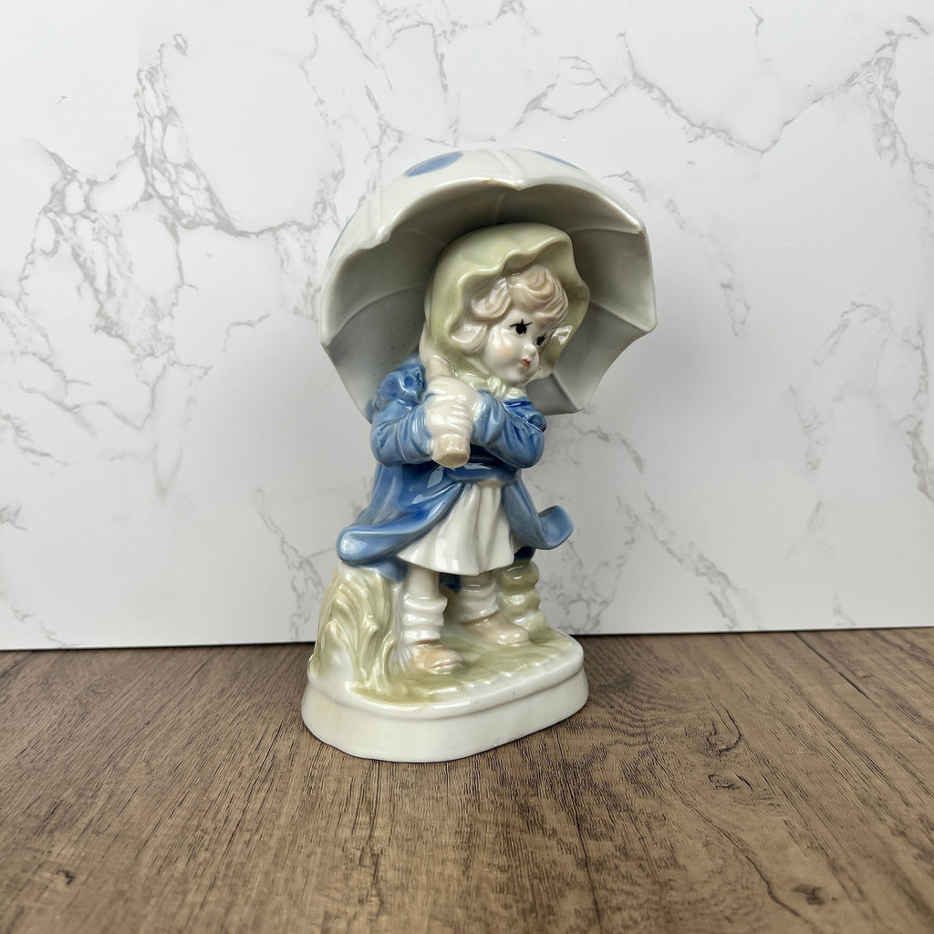 Vintage Porcelain Girl Figurine, Blue Polka Dot Umbrella