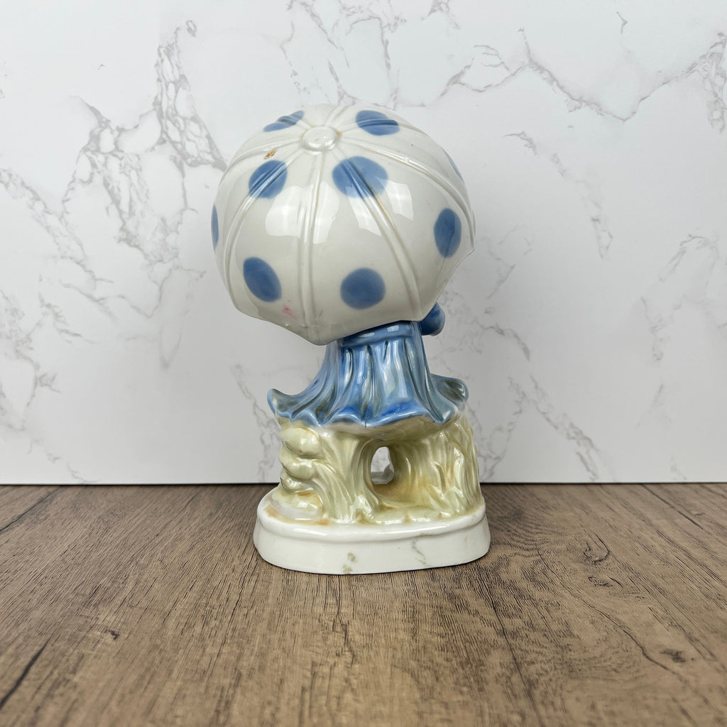 Vintage Porcelain Girl Figurine, Blue Polka Dot Umbrella