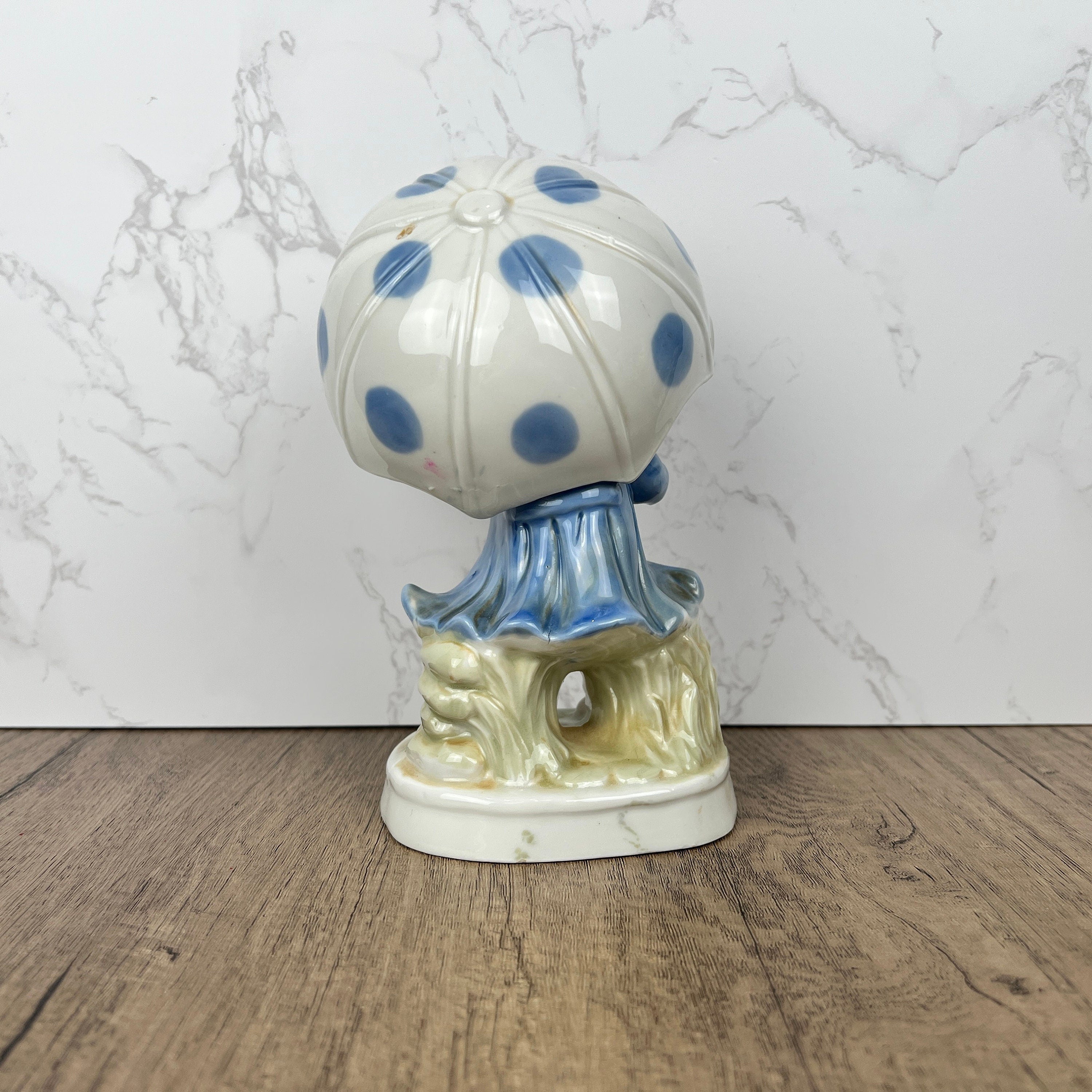Vintage Porcelain Girl Figurine, Blue Polka Dot Umbrella