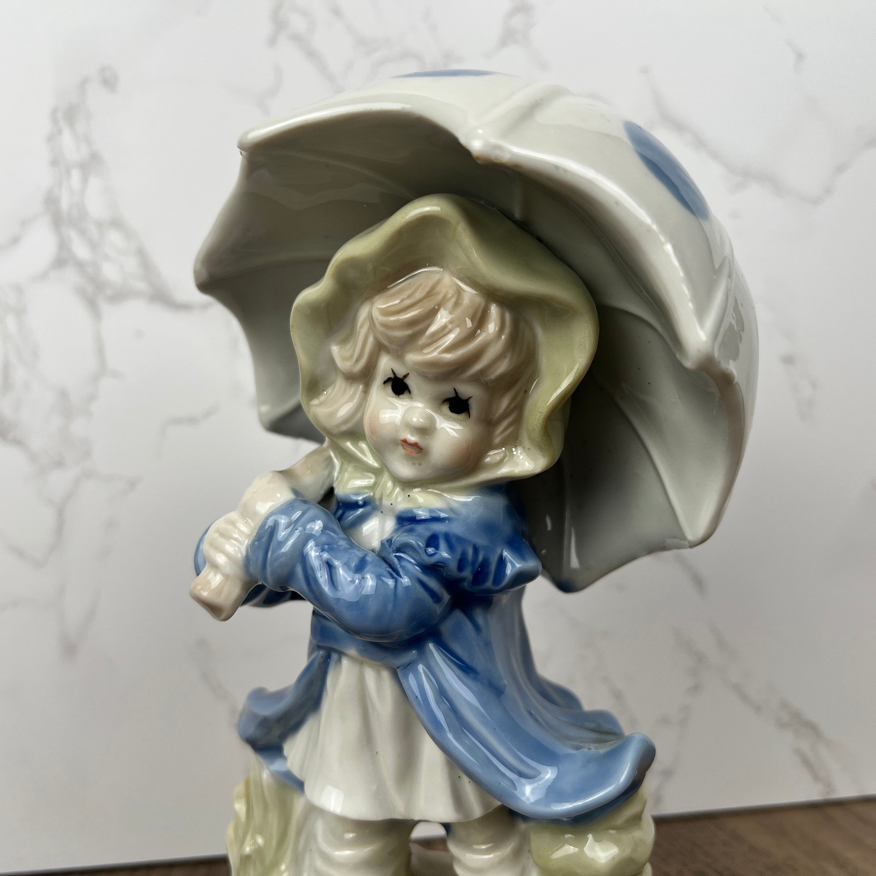 Vintage Porcelain Girl Figurine, Blue Polka Dot Umbrella