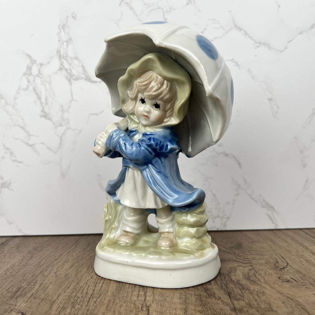 Vintage Porcelain Girl Figurine, Blue Polka Dot Umbrella