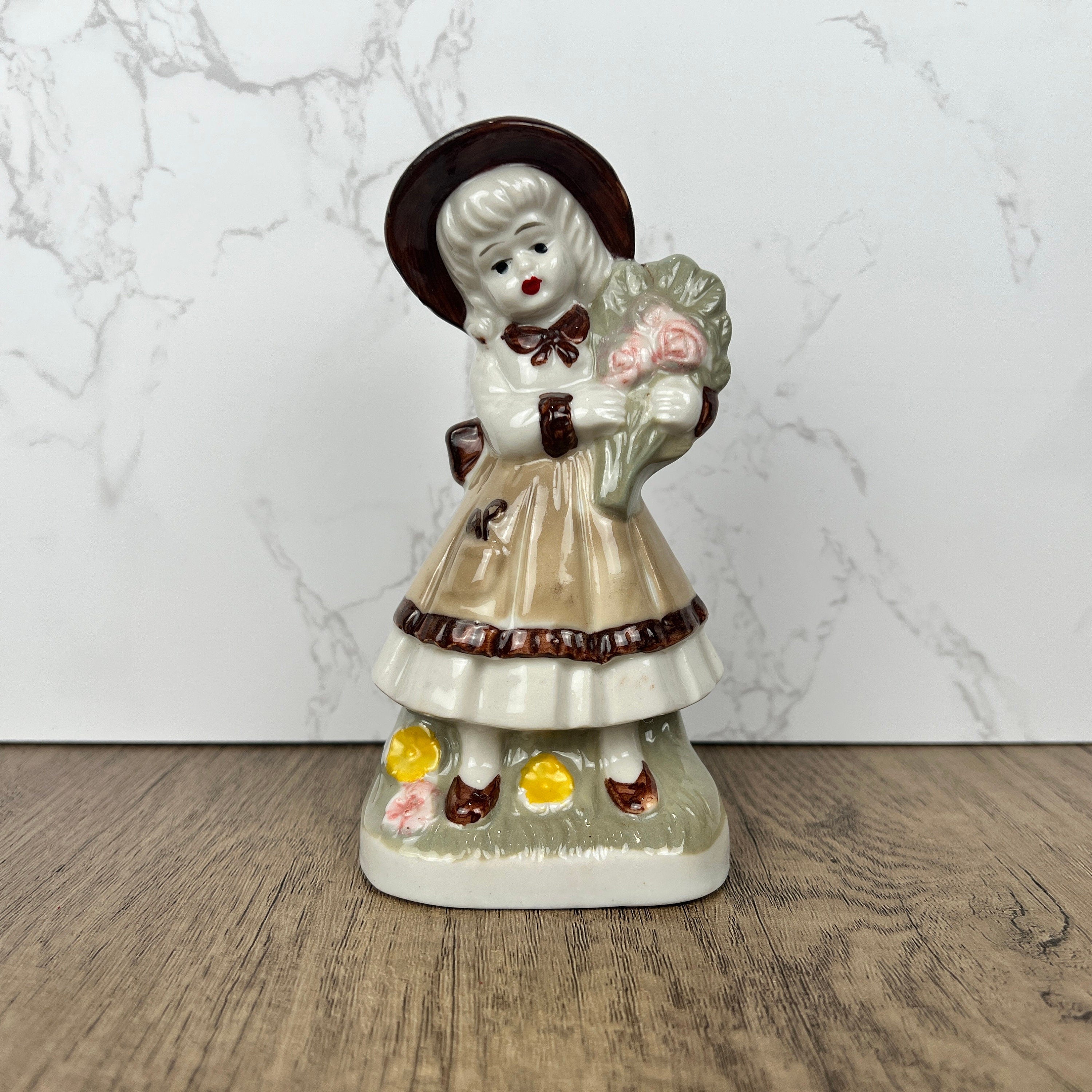 Vintage J.B.G. Porcelain Girl Figurine, London, Hand Painted Flowers