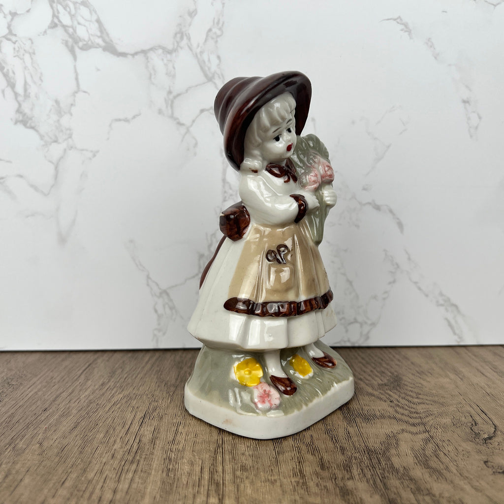 Vintage J.B.G. Porcelain Girl Figurine, London, Hand Painted Flowers