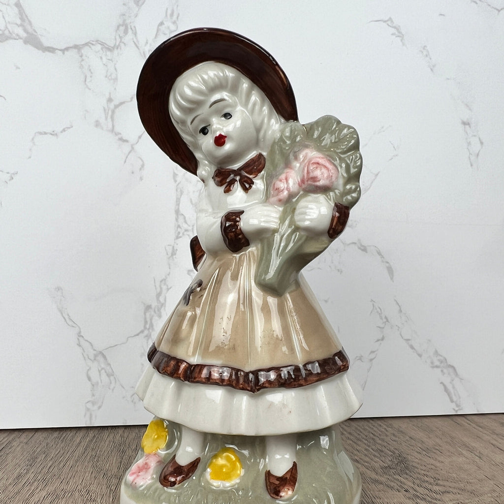 Vintage J.B.G. Porcelain Girl Figurine, London, Hand Painted Flowers