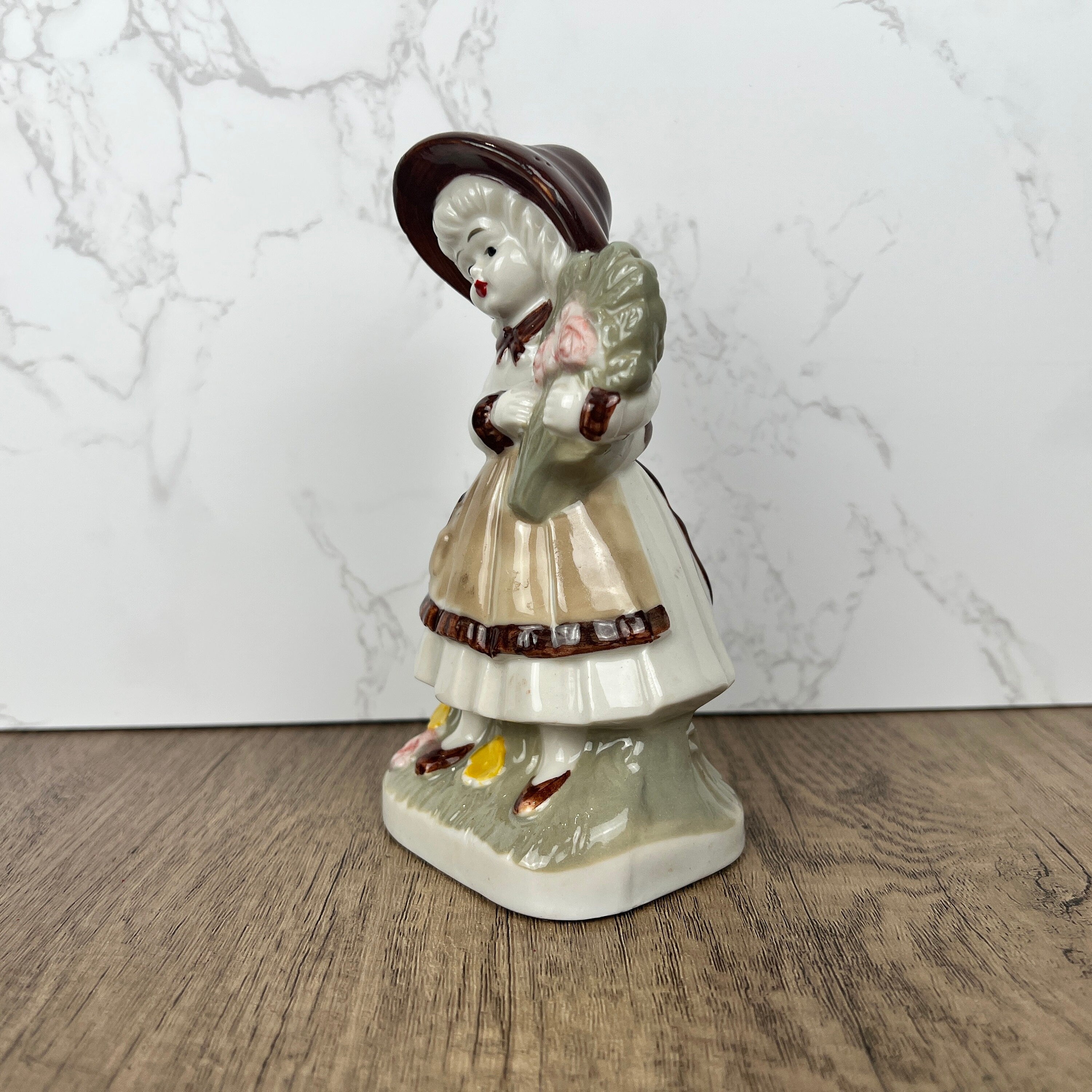Vintage J.B.G. Porcelain Girl Figurine, London, Hand Painted Flowers