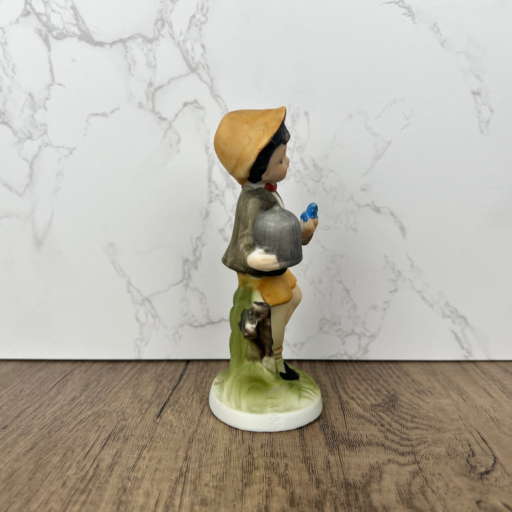 Hummel Style Boy with Bluebird and Cage, Vintage Porcelain Figurine