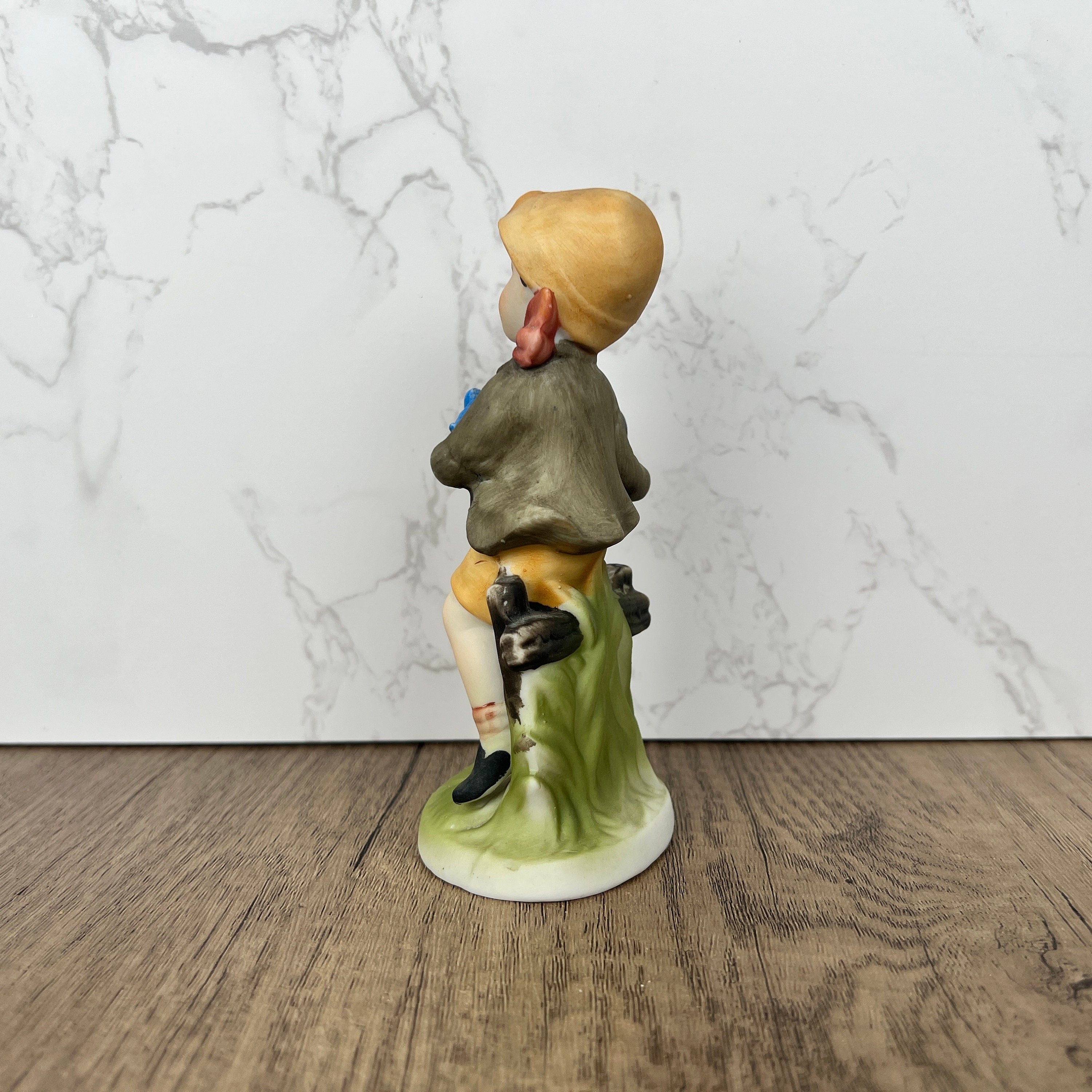Hummel Style Boy with Bluebird and Cage, Vintage Porcelain Figurine