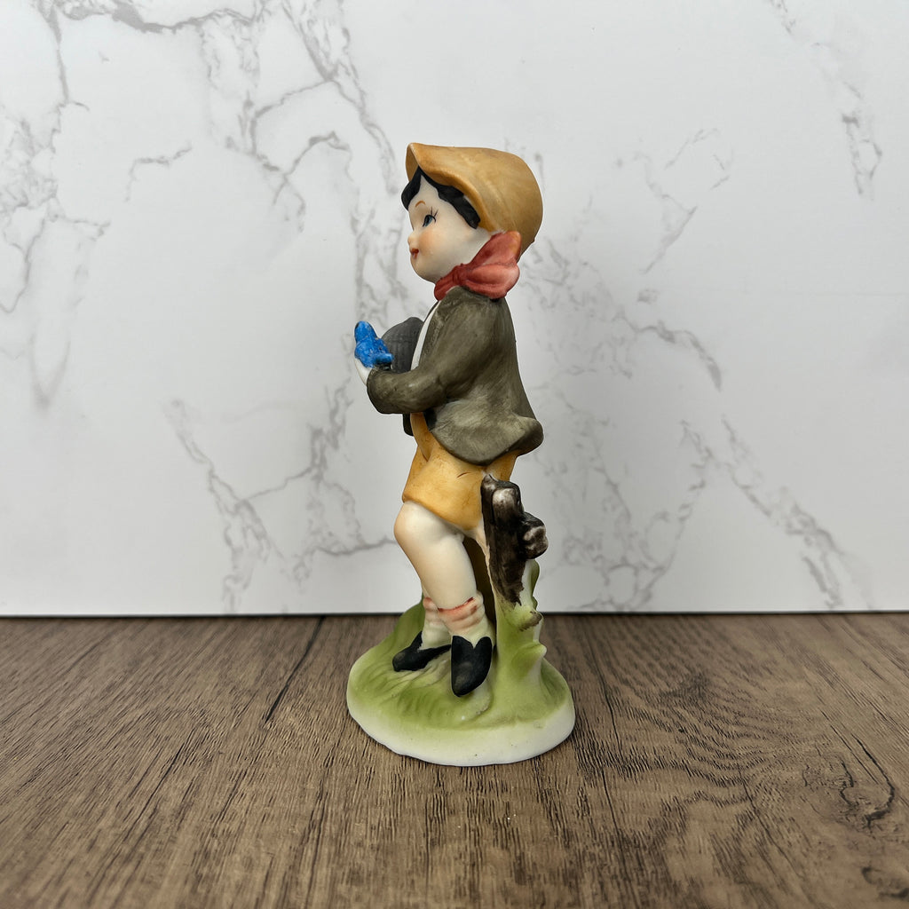 Hummel Style Boy with Bluebird and Cage, Vintage Porcelain Figurine