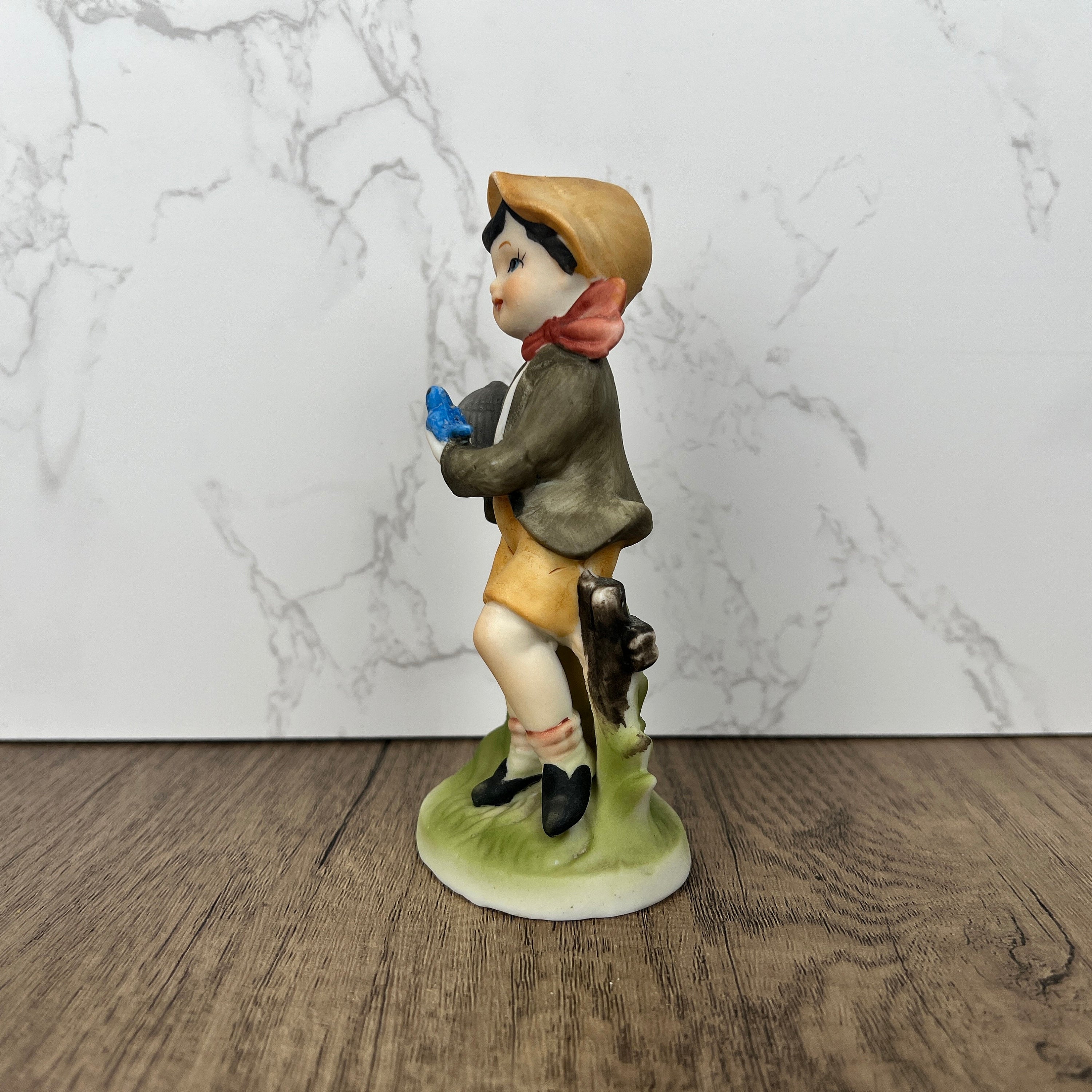 Hummel Style Boy with Bluebird and Cage, Vintage Porcelain Figurine